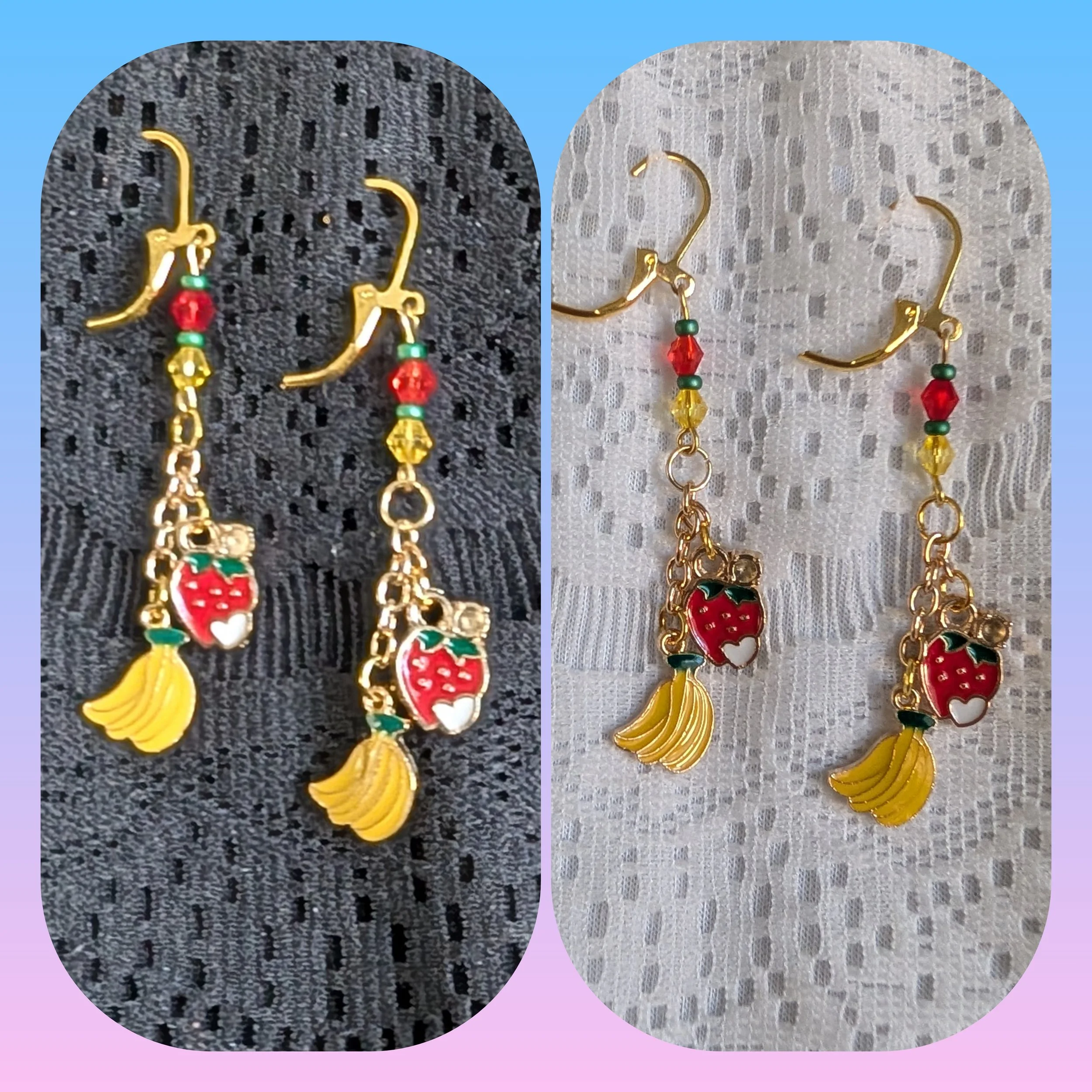 Gold and Strawberry Banana Dangle Earrings
