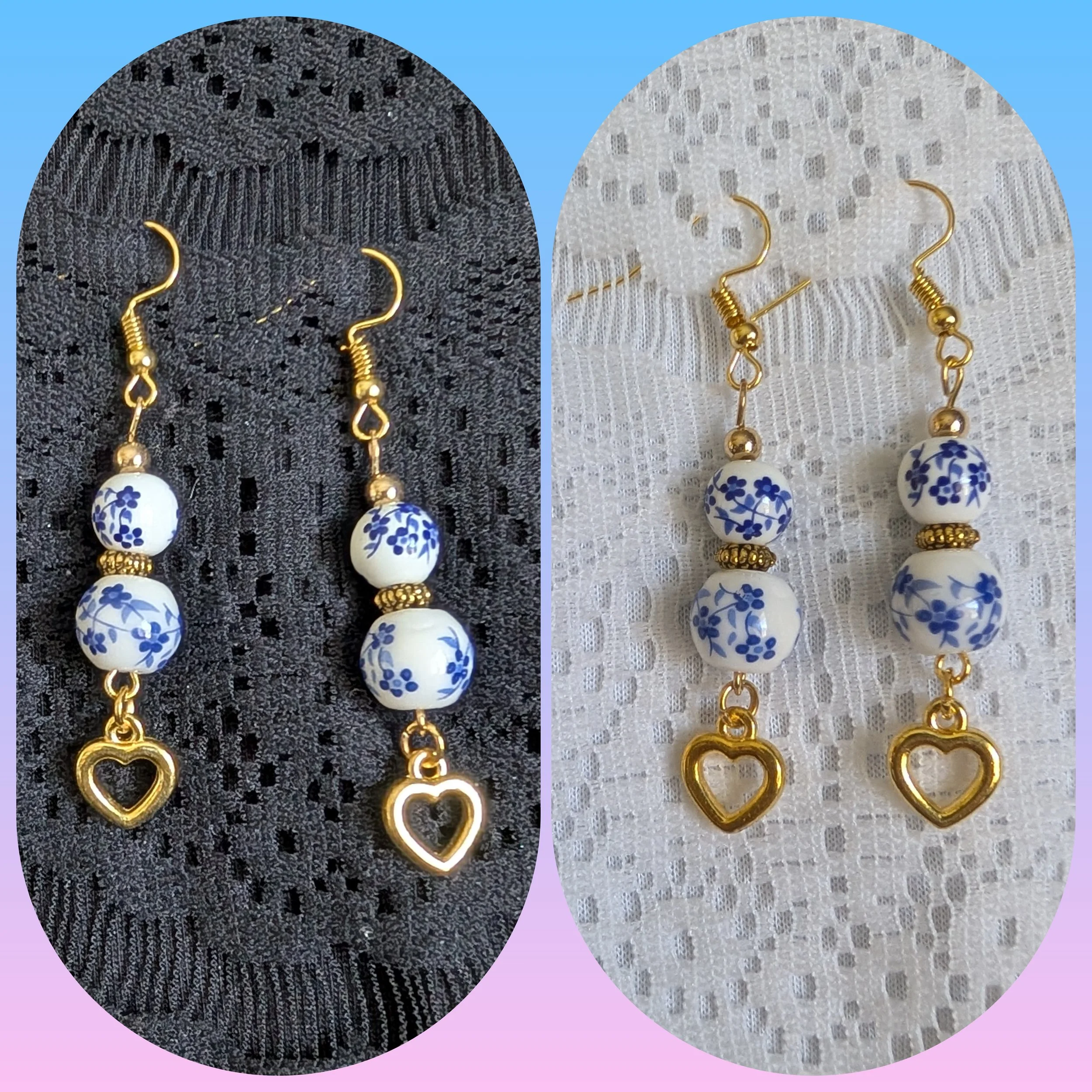 White and Blue Flower and Gold Heart Earrings