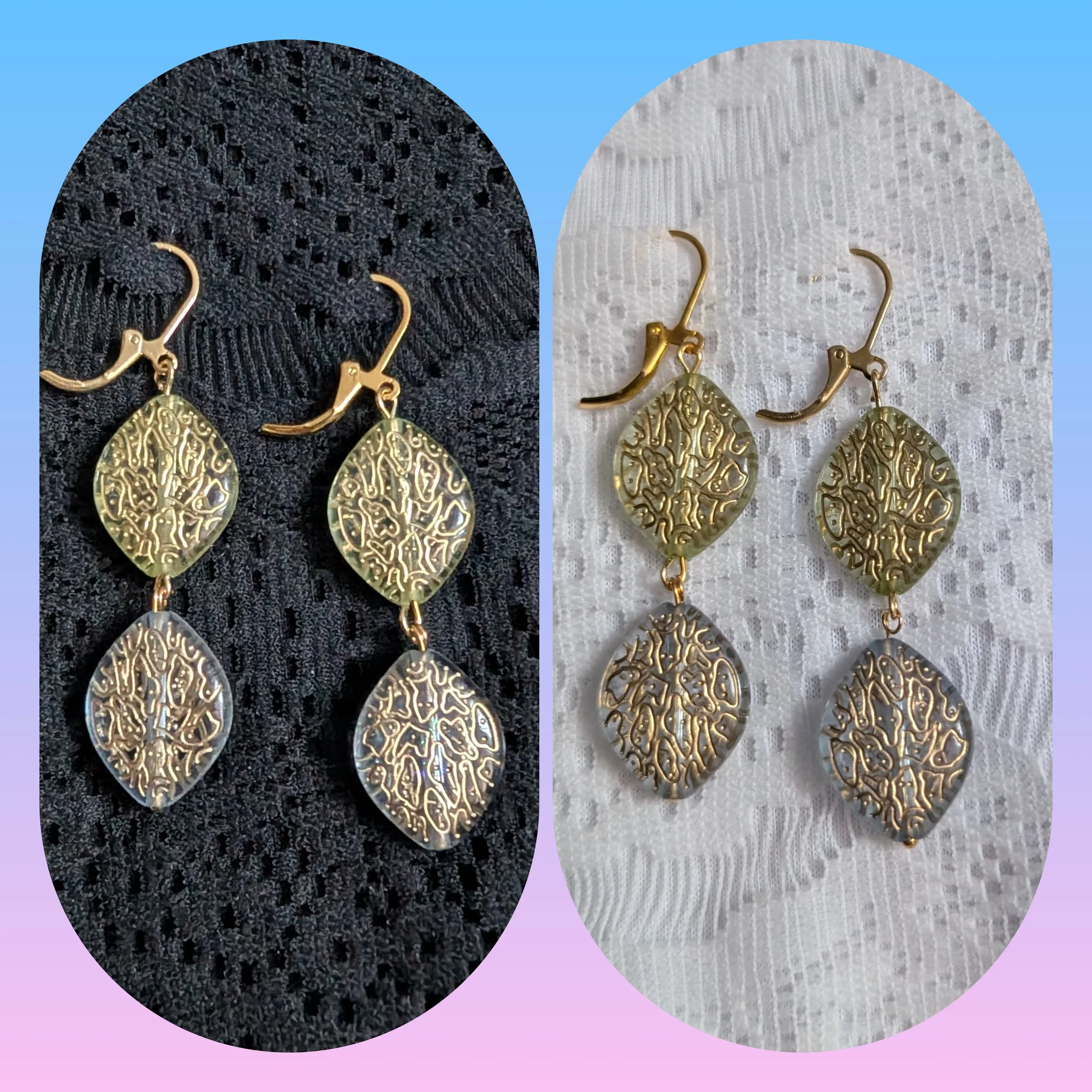 Gold Green and Blue Geometric Textured Dangle Earrings