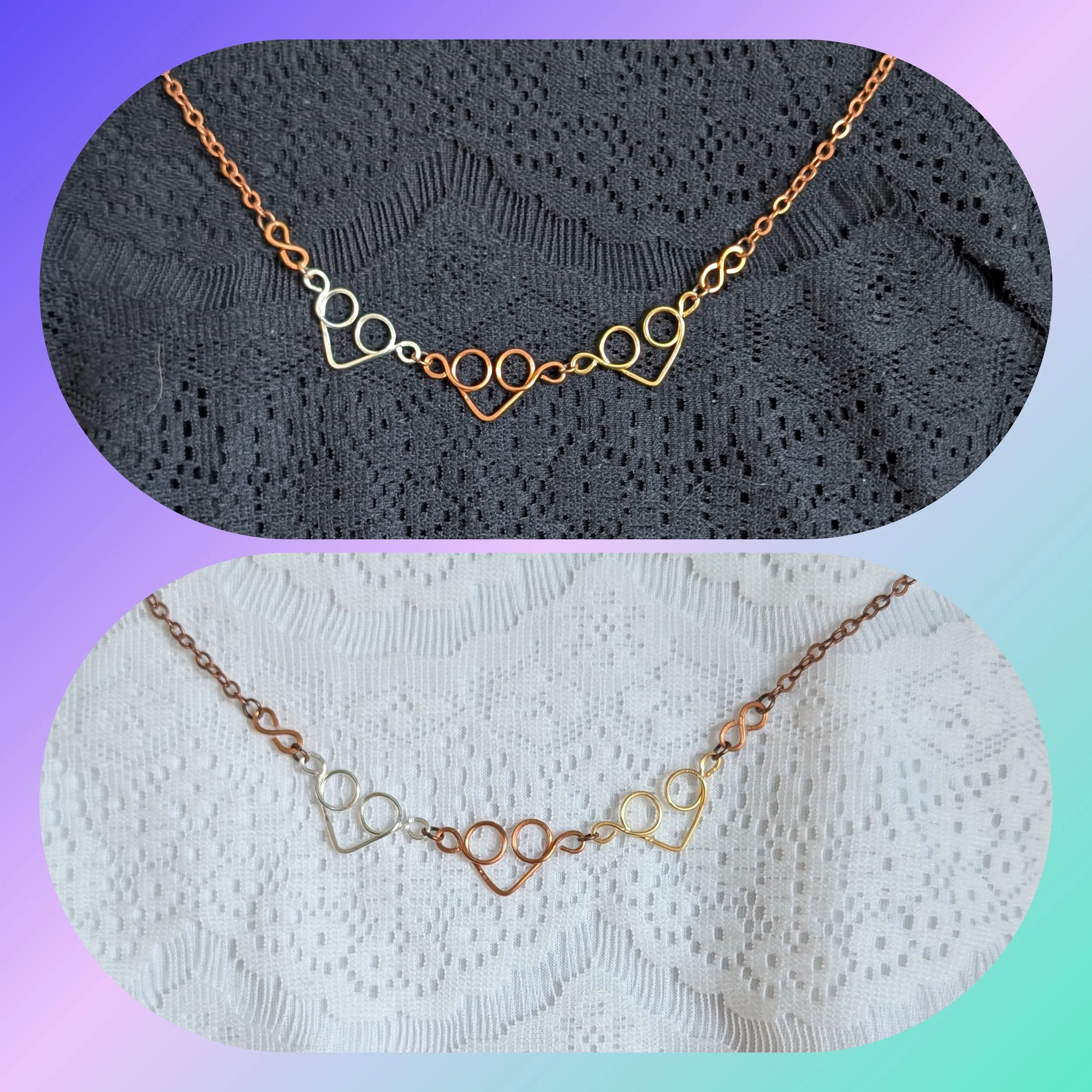 Wire Wrapped Copper Gold and Silver Heart Necklace