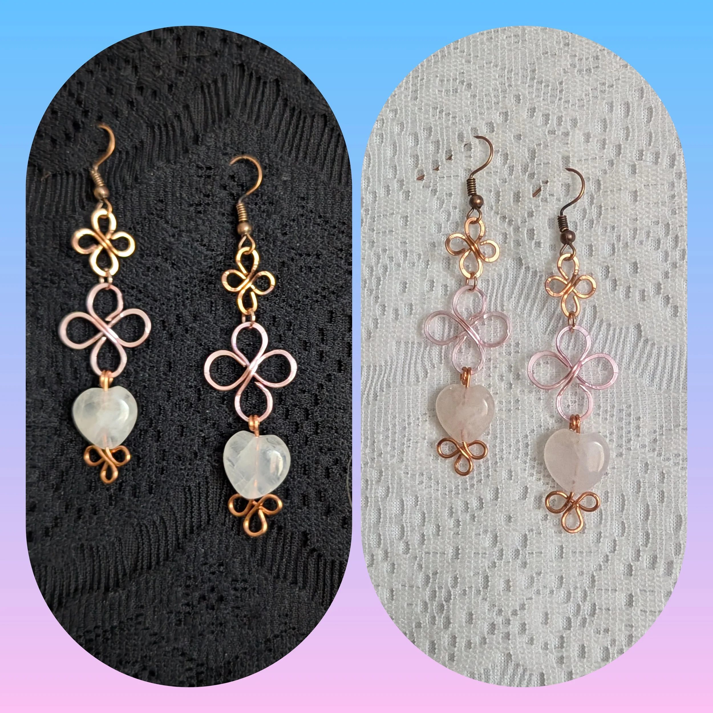 Wire Wrapped Copper and Pink Clover Heart Drop Earrings