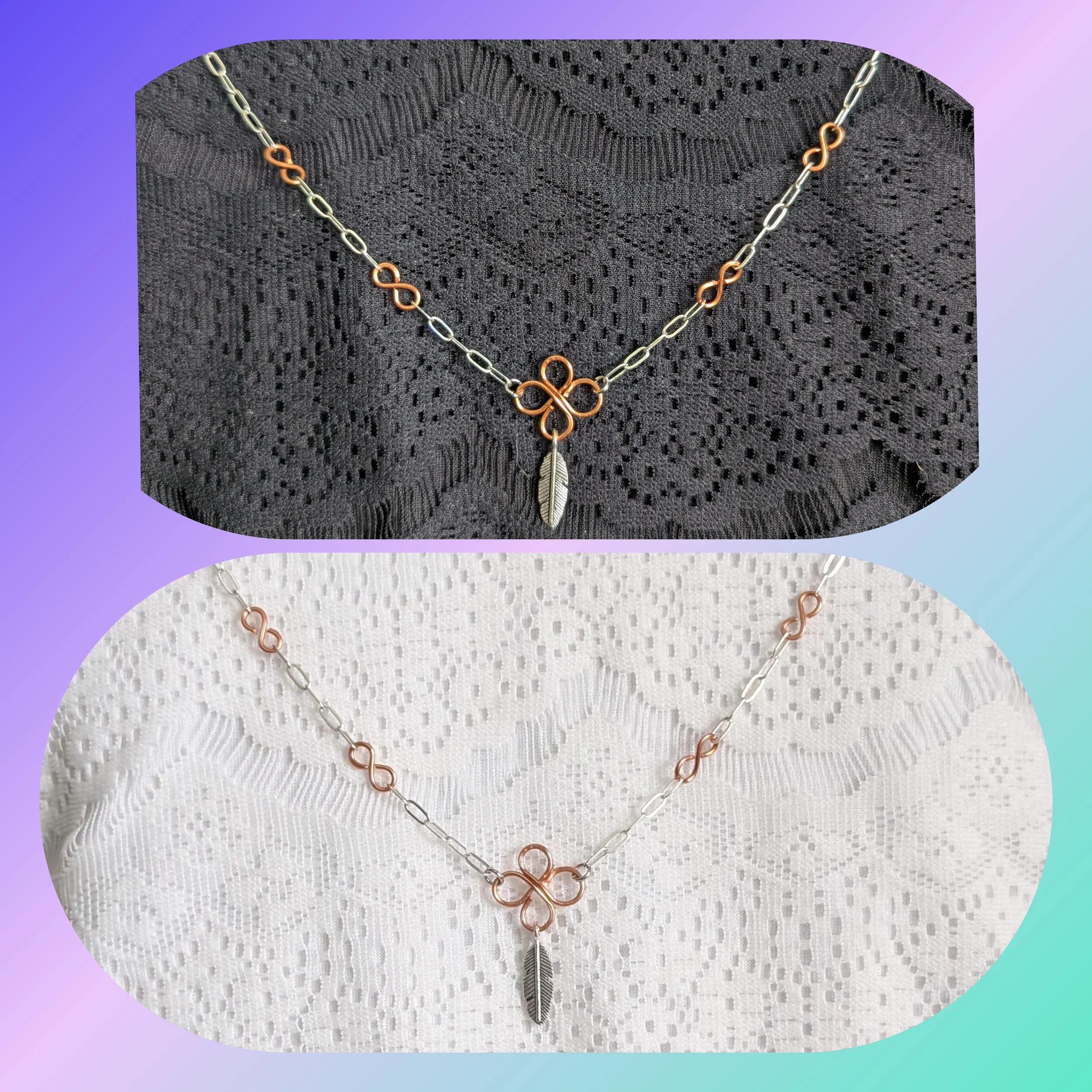 Wire Wrapped Copper Clover and Small Silver Feather Necklace