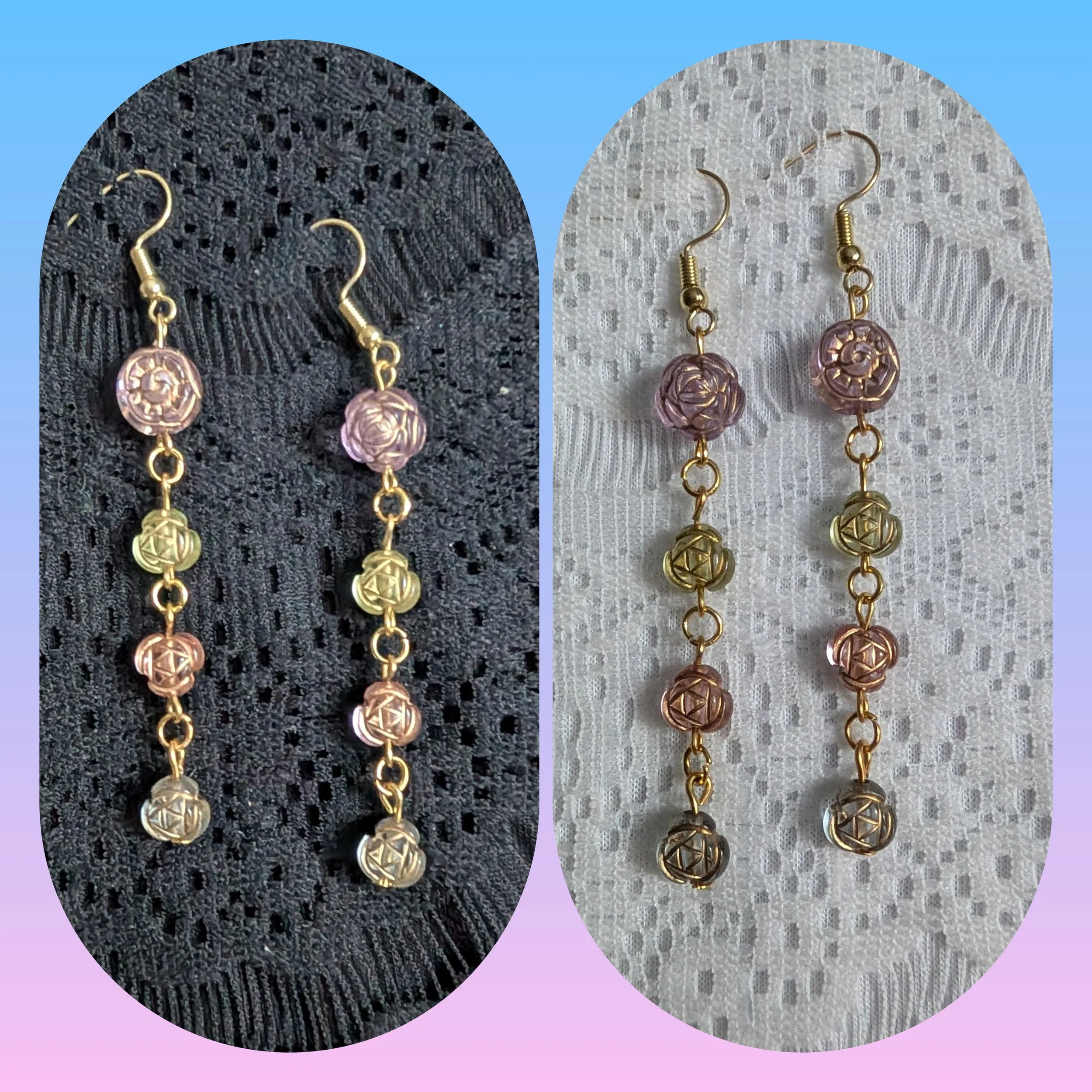 Gold and Light Multicolored Roses Dangle earrings