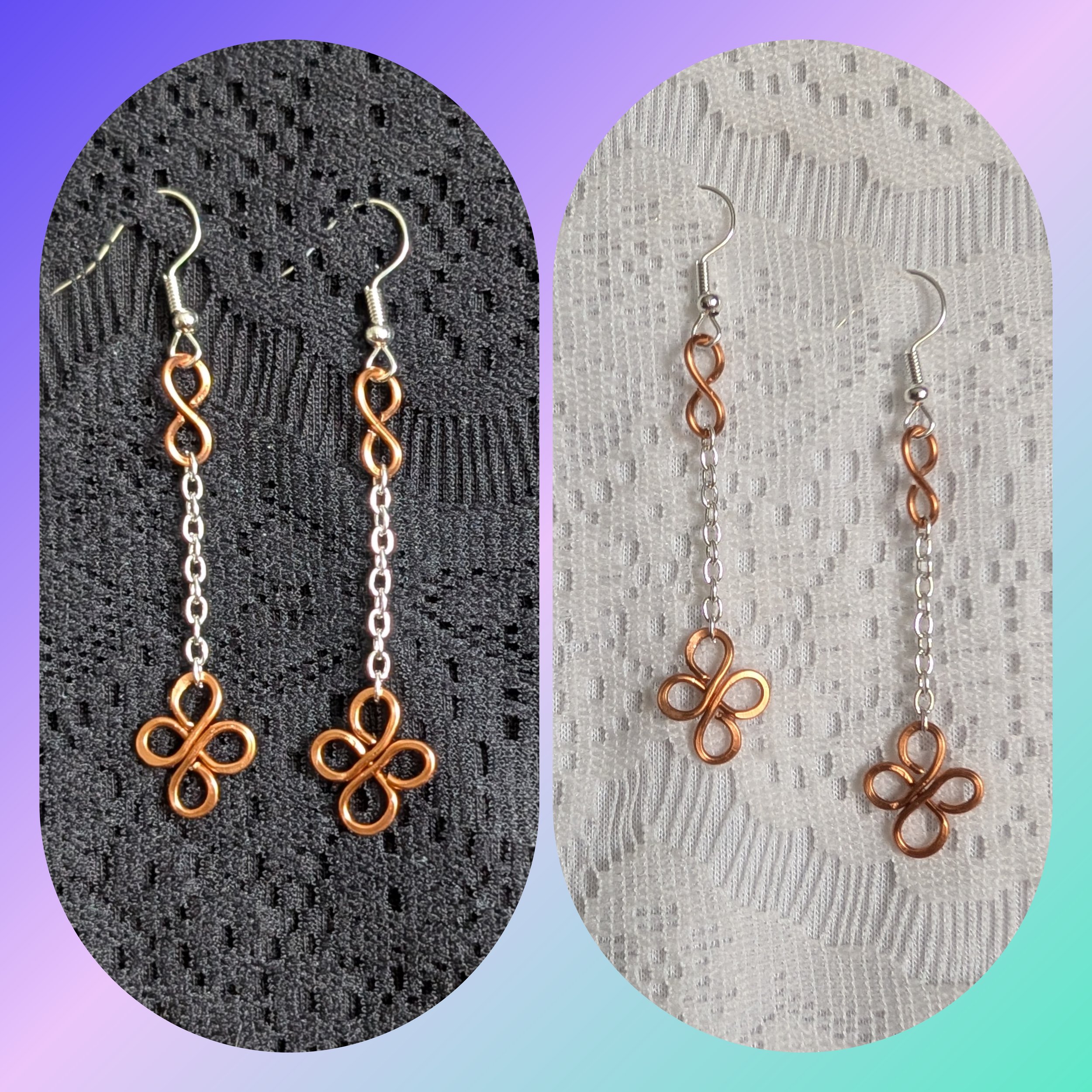 Wire Wrapped Copper Clover and Silver Earrings