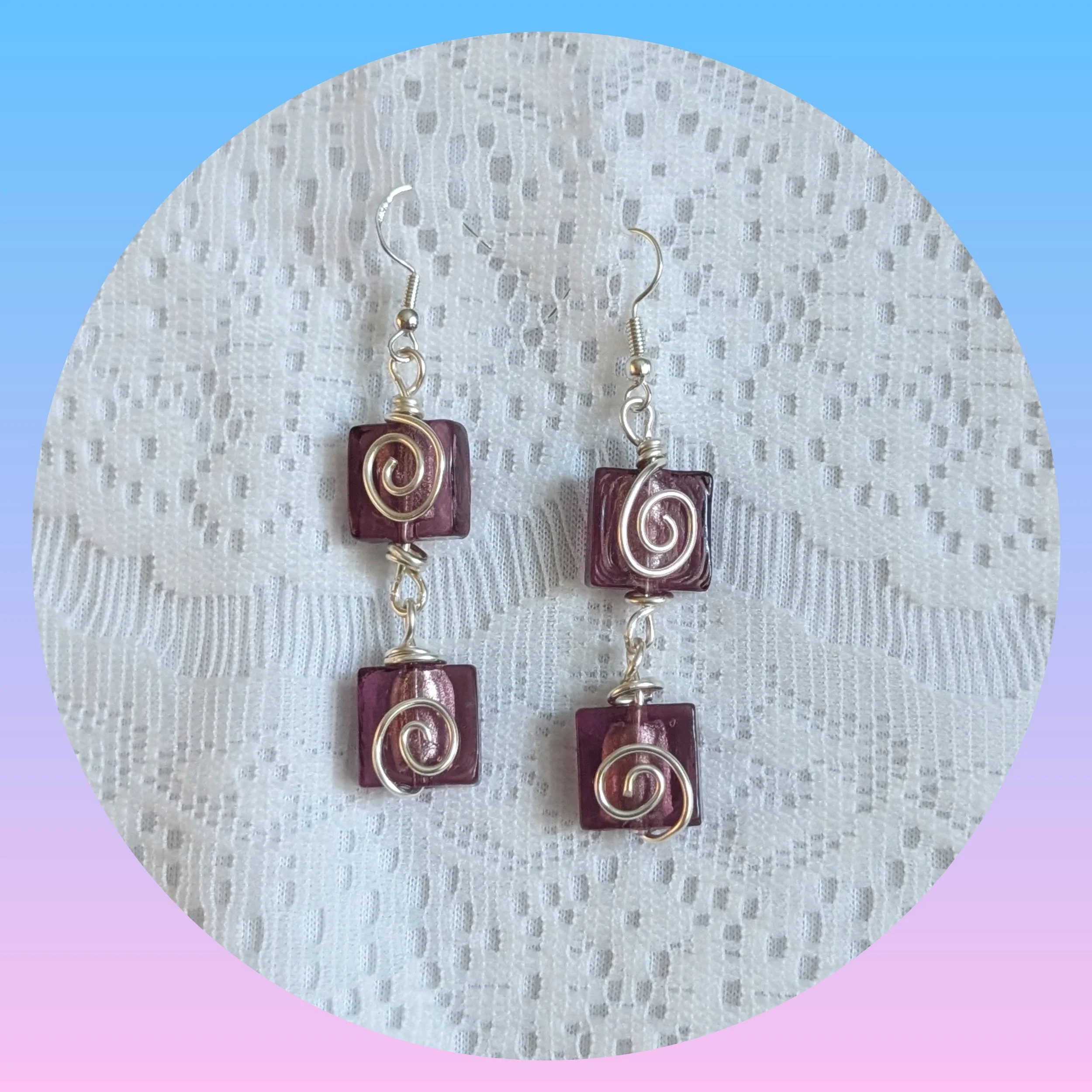 Wire Wrapped Purple Square and Silver Swirl Earrings