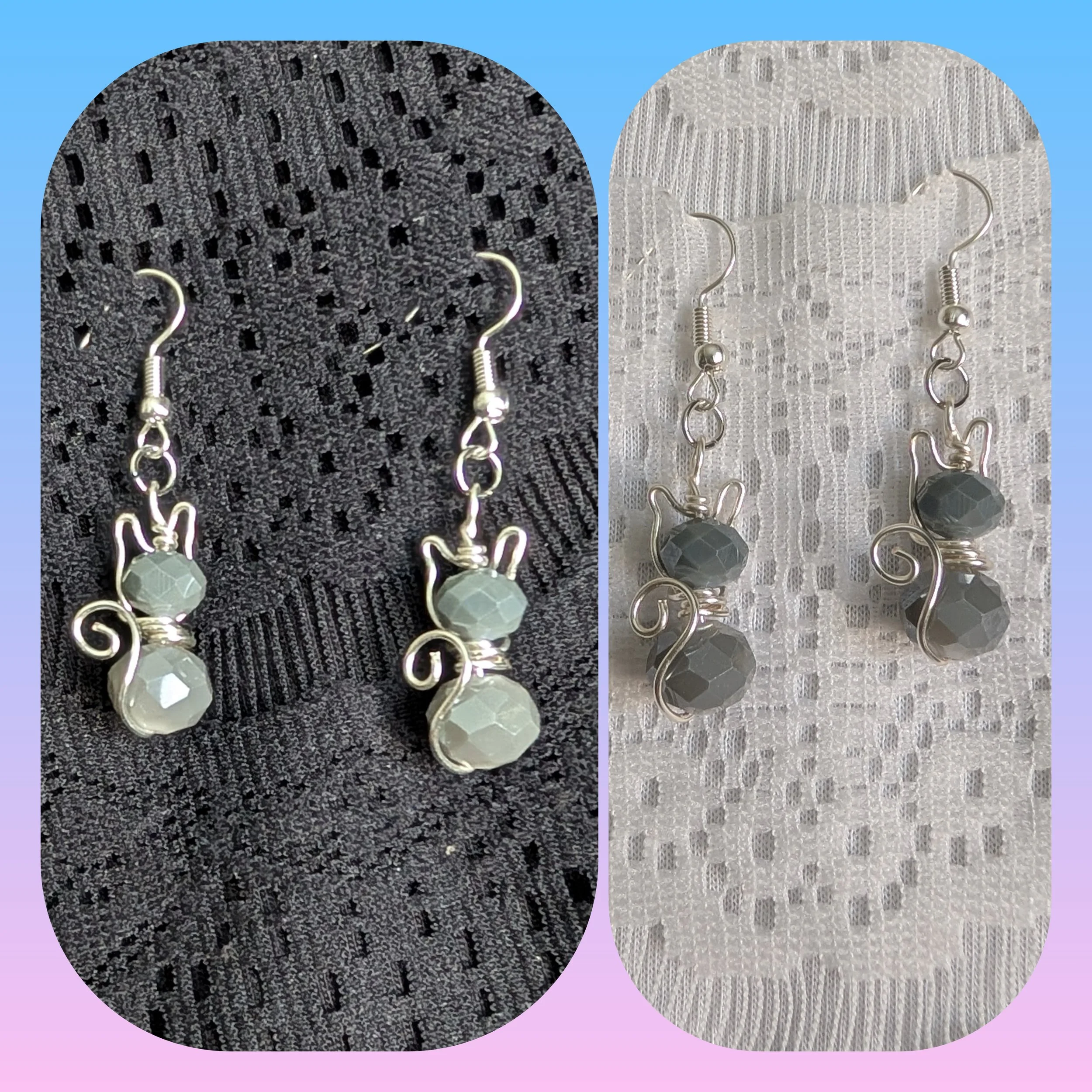 Wire Wrapped Silver and Gray Cat Earrings