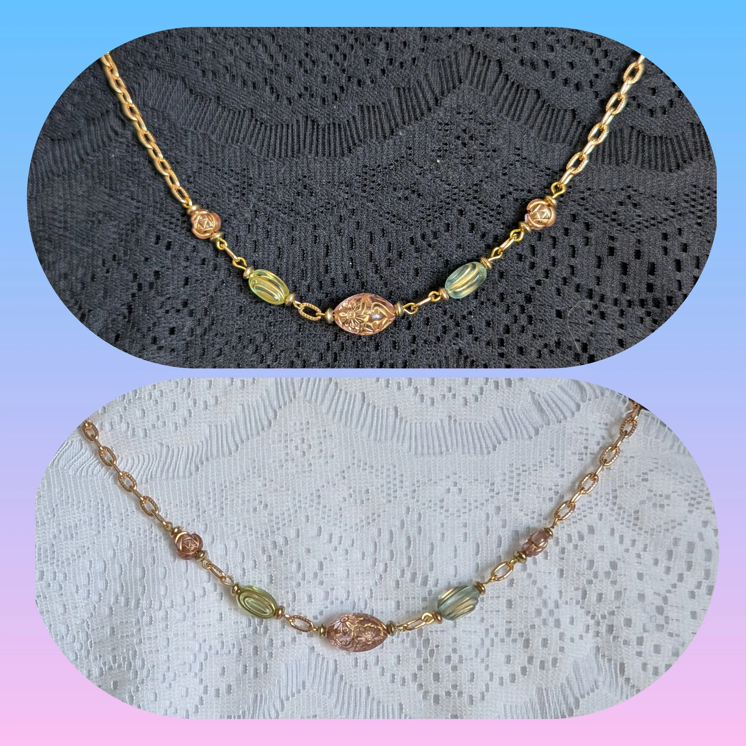 Gold Green and Pink Flowers and Ovals Necklace