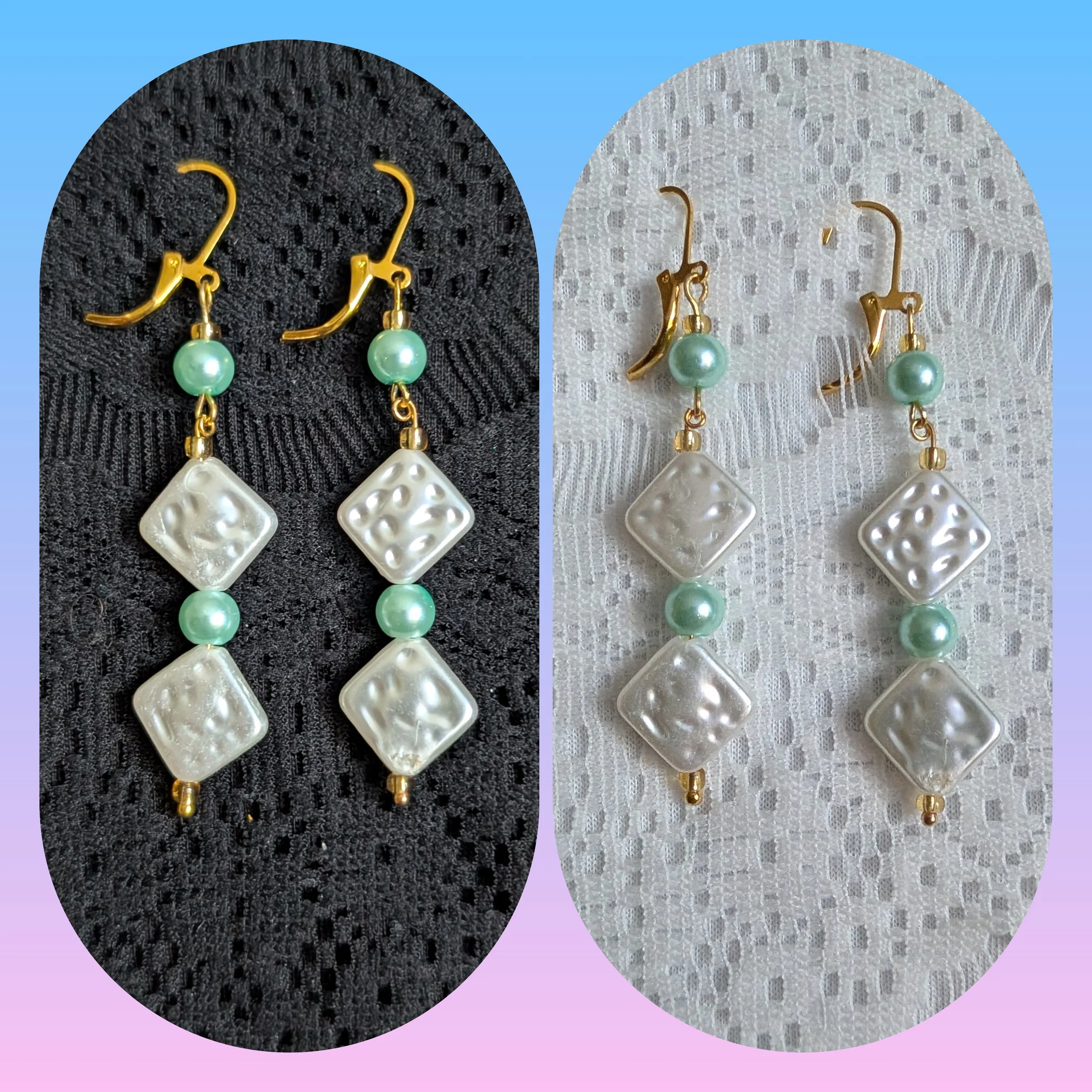 Gold and Blue Square Pearl Dangle Earrings