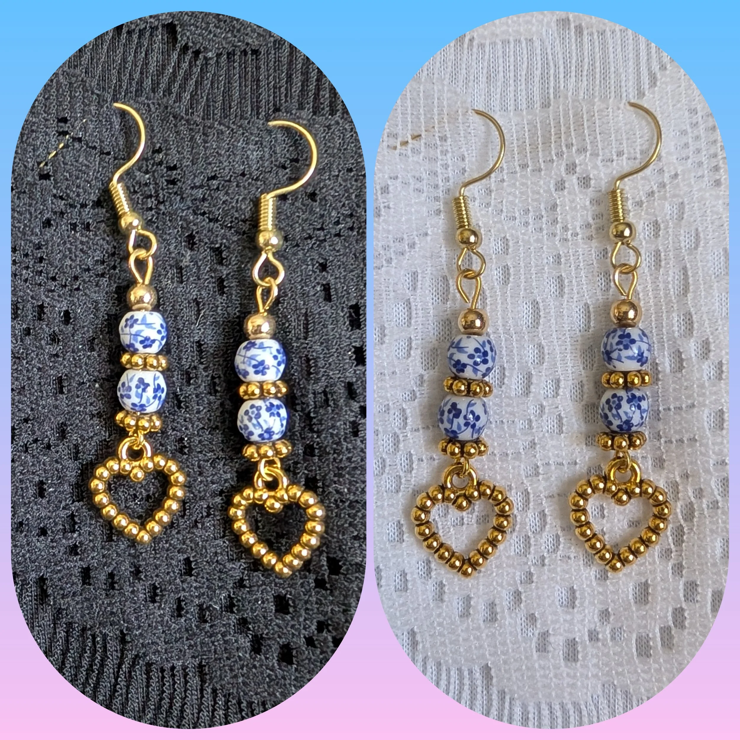 White and Blue Small Flower Gold Heart Earrings