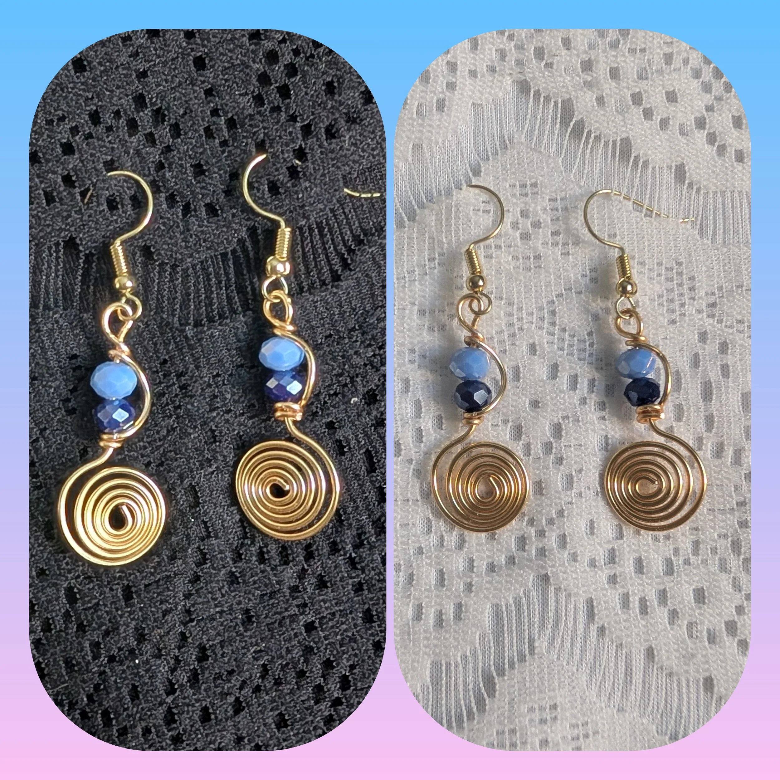 Wire Wrapped Gold Swirl and Blue Earrings