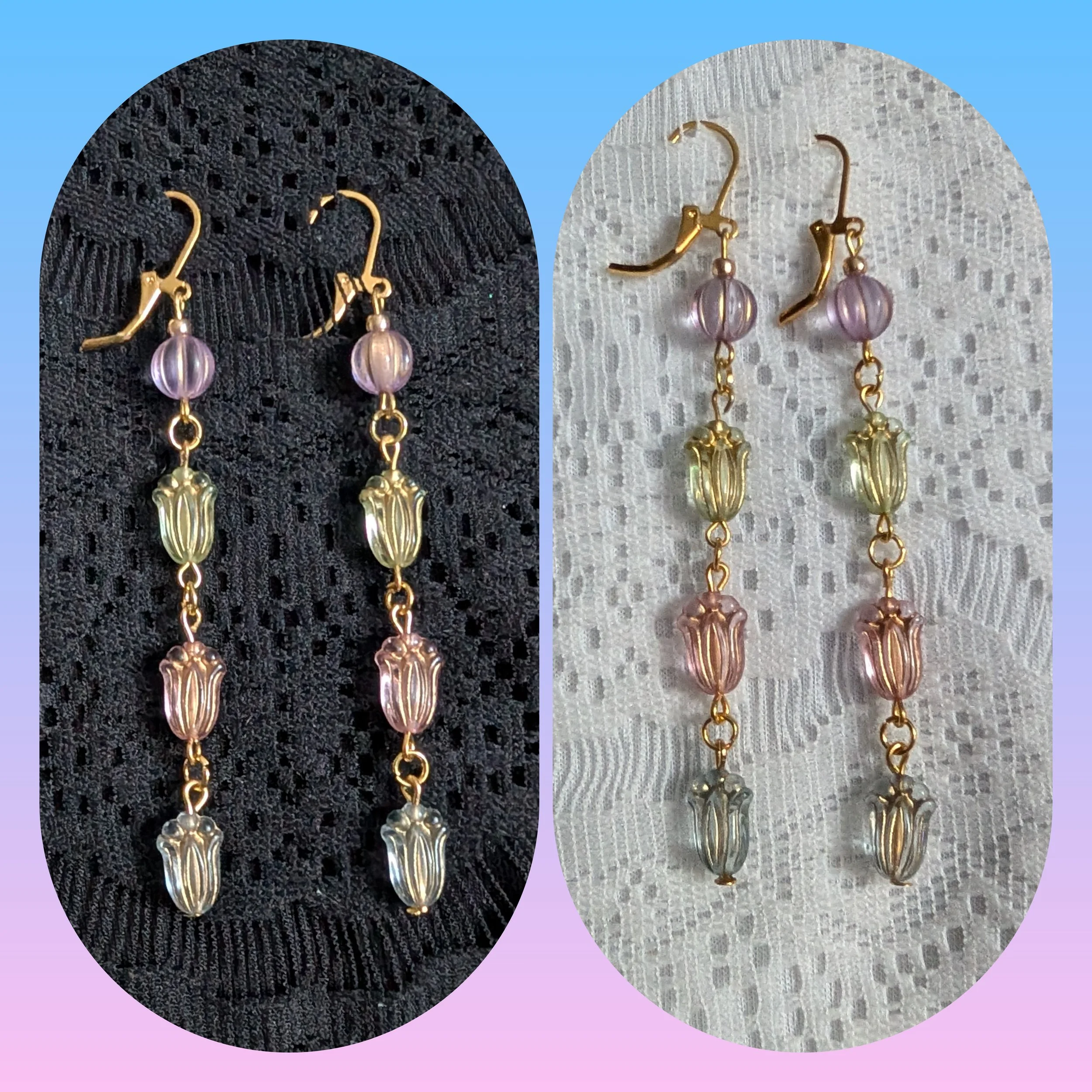 Gold Purple and Colored Tulips Dangle Earrings