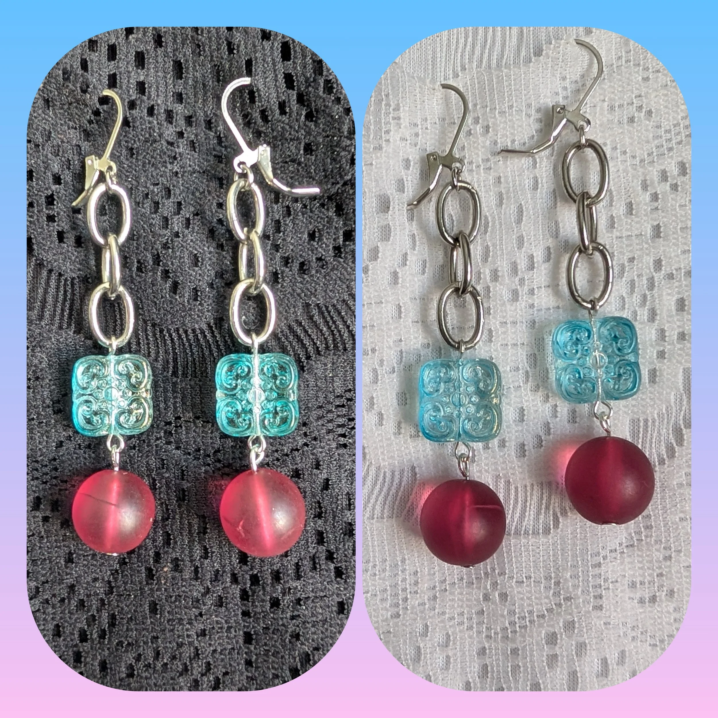 Silver Frosted Magenta and Blue Loop Dangle Earrings
