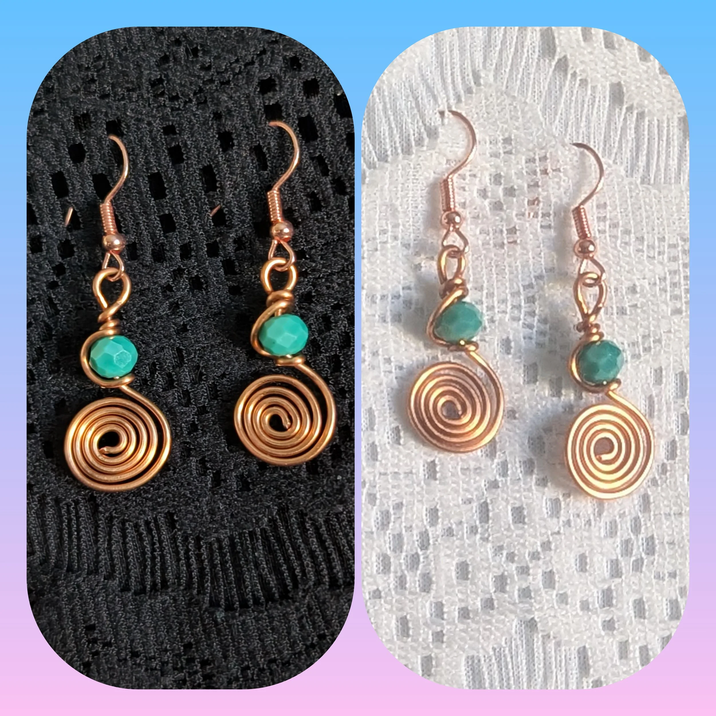 Wire Wrapped Copper Swirl and Sage Green Earrings