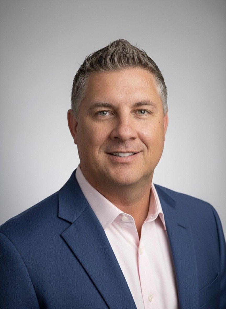 Professional headshot of a smiling man with short, styled gray hair, wearing a navy blue suit and a light pink dress shirt against a plain light gray background.