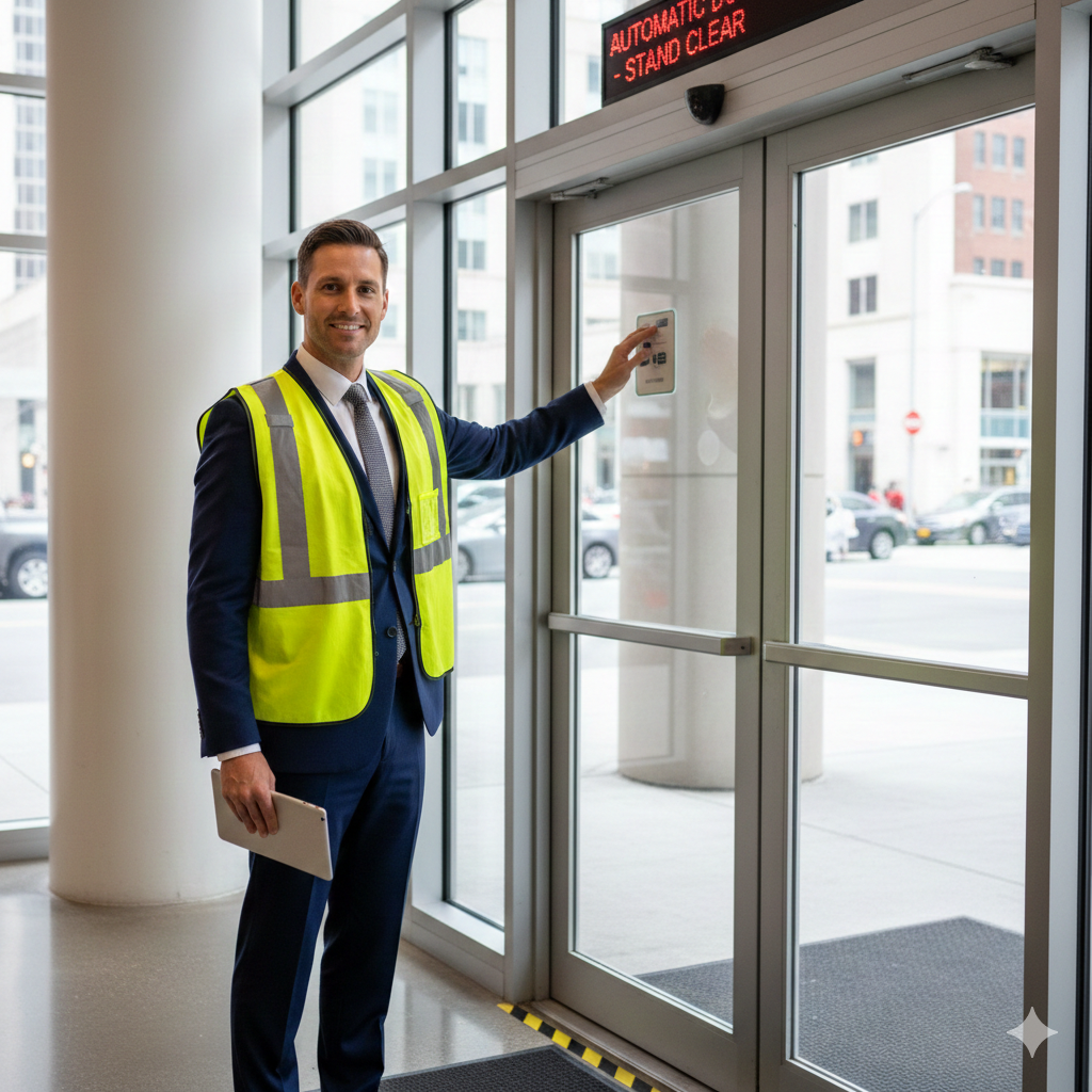 A man in a suit and a yellow safety vest using an access card on an electronic entry reader at a glass door