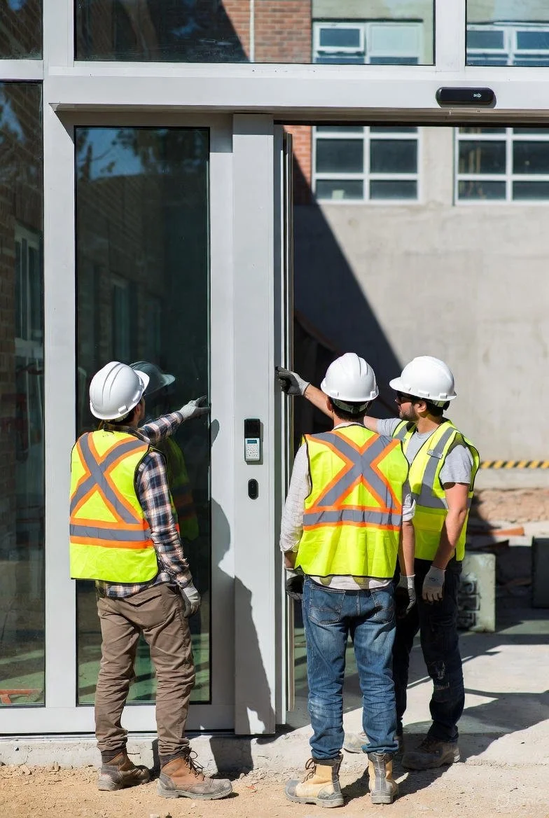 Four construction workers wearing hard hats and safety vests are discussing the installation of a glass door on a building construction site.