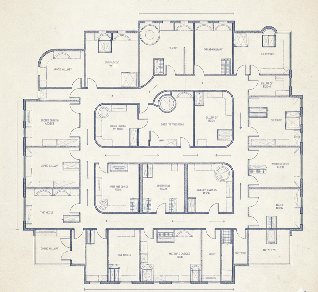 A detailed floor plan of a building with various labeled rooms and hallways.