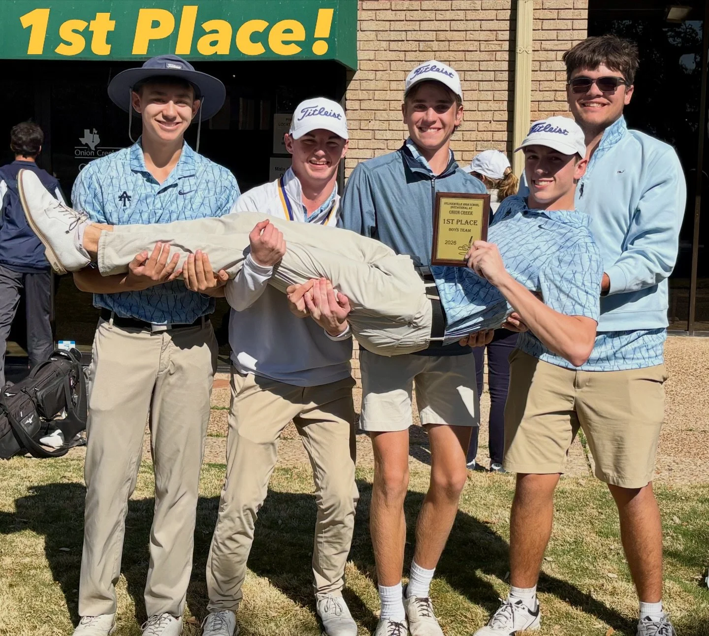 What a great day for golf! The Trojan Boys took 1st place at the Onion Creek Invitational today on a tough course with some FAST greens.

Trojan Blue consisting of Thomas Ashy, Drew Gilley, Stephen Eidson, Sam Woodberry, and Cash Hernandez came away 
