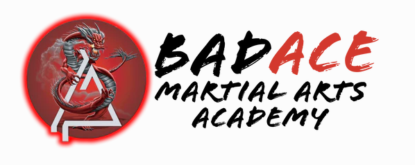 Logo for Bad Ace Martial Arts Academy featuring a dragon wrapped around a metallic letter A, with the text 'Bad Ace Martial Arts Academy' beside it.