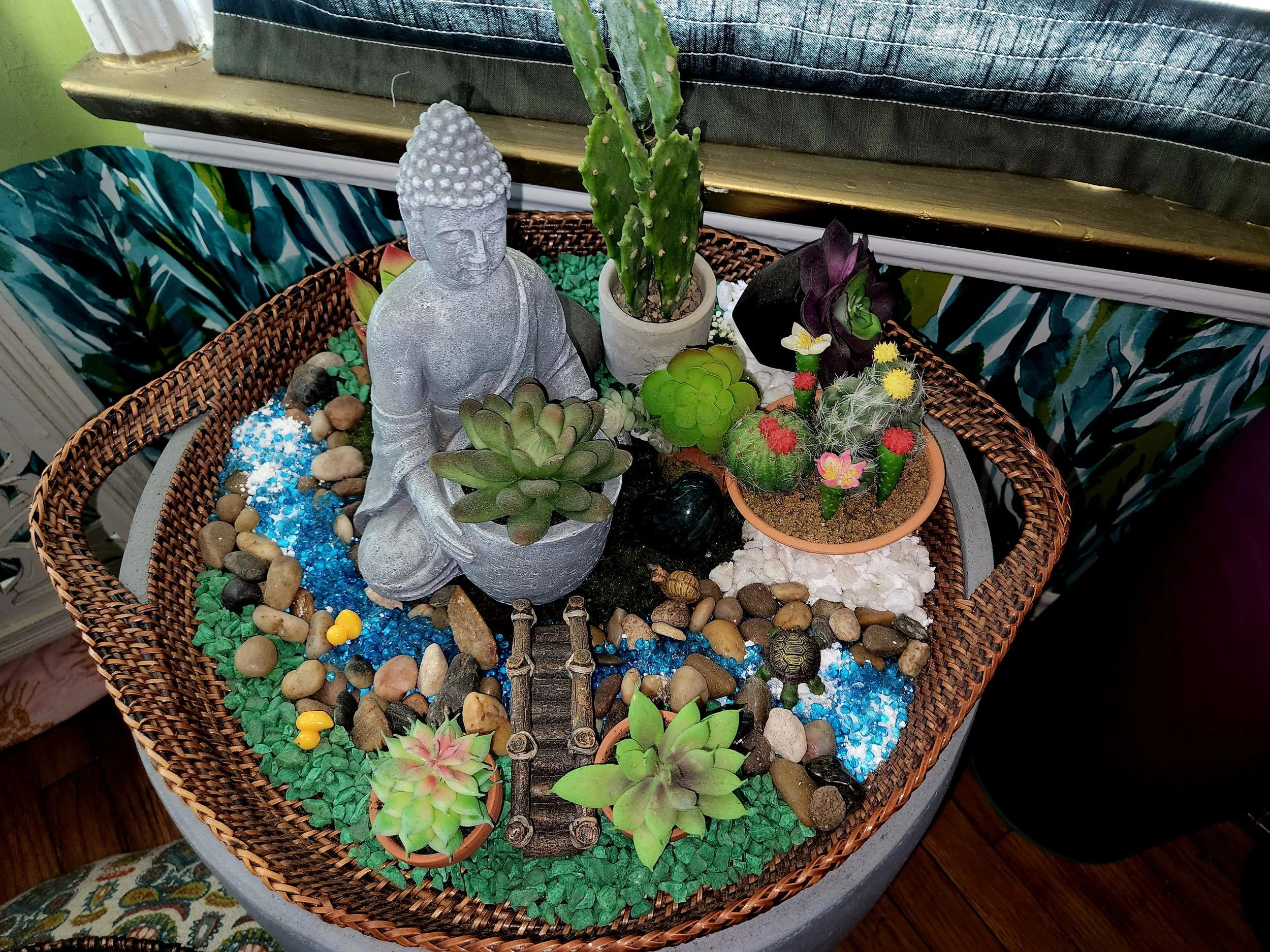 Zen Garden Centerpiece with Monk Statue and Succulents