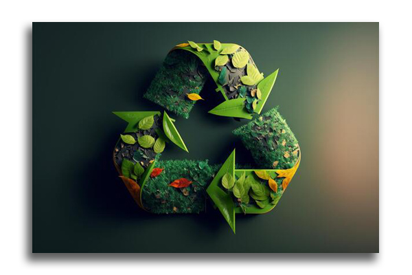 A recycling symbol made of green leaves and plants.