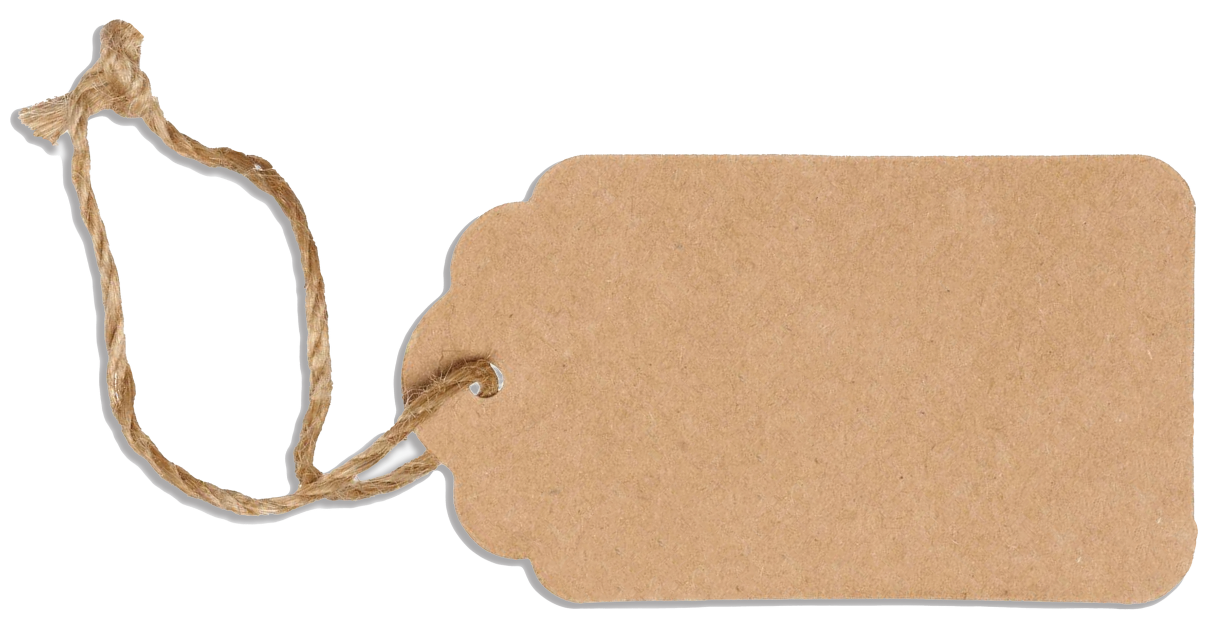 A blank cardboard price tag with a punched hole and a jute string looped through, isolated on a white background.