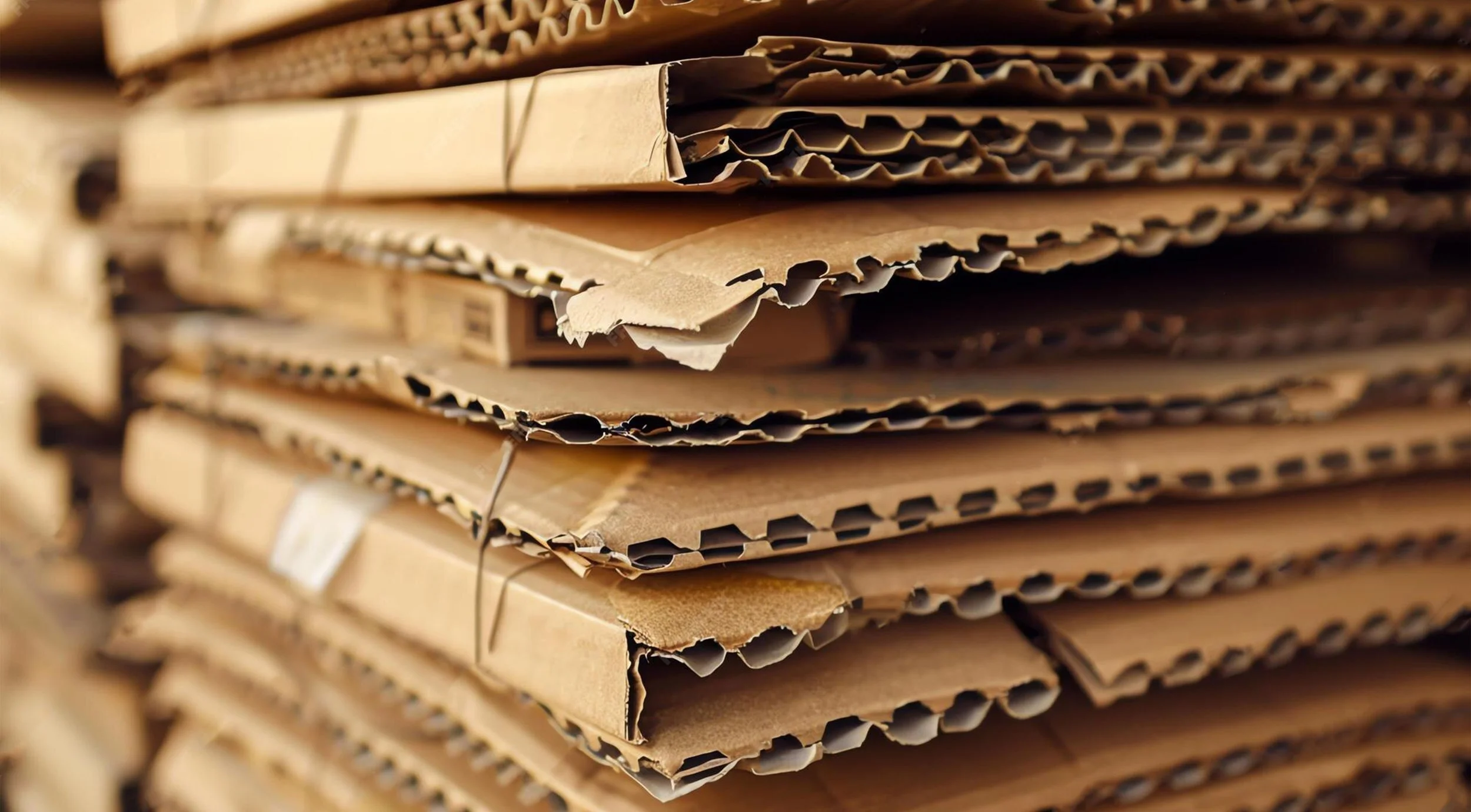 Piled cardboard and paper packaging materials for recycling.