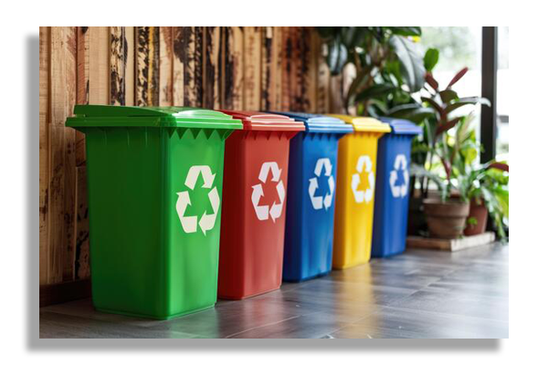 Five color-coded recycling bins (green, red, blue, yellow, dark blue) lined up against a wood-paneled wall with potted plants nearby.