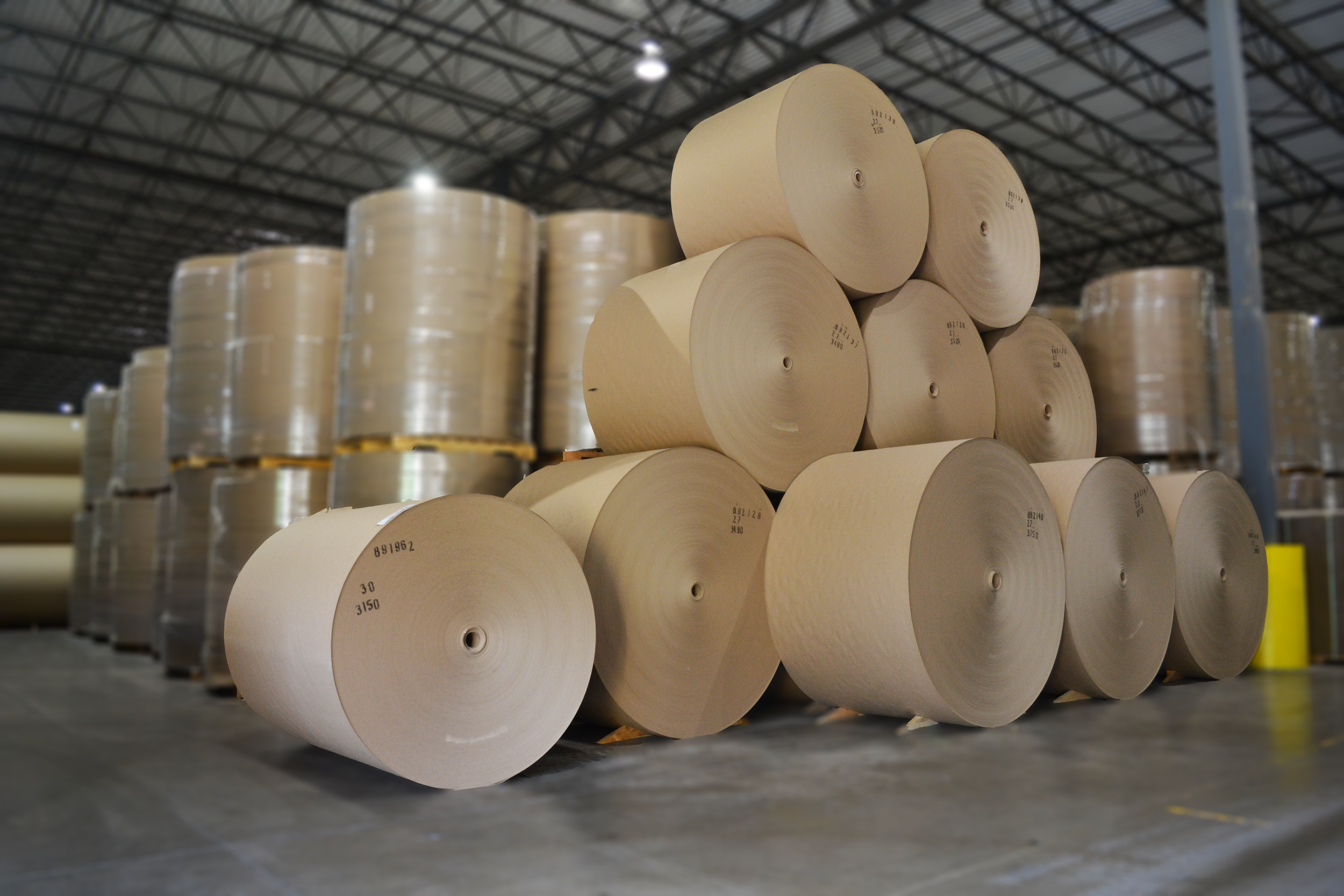 Stacks of large beige paper rolls stored in a warehouse.