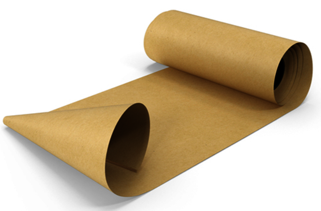 Unrolled brown kraft paper roll on a white background.