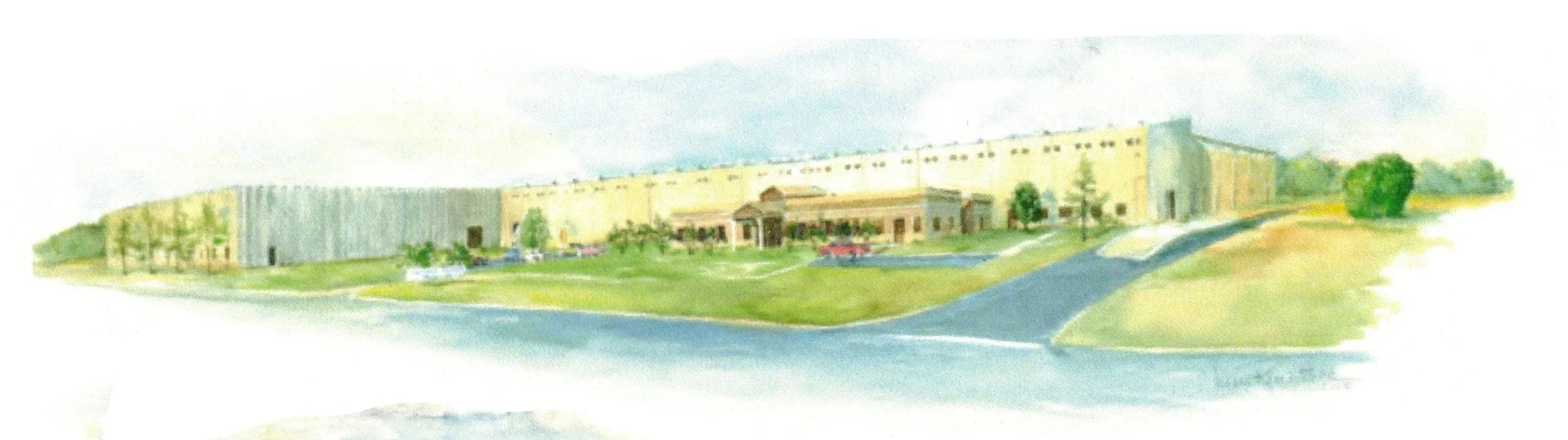A watercolor painting of a large building with a parking lot and cars in front, surrounded by grassy areas and trees.