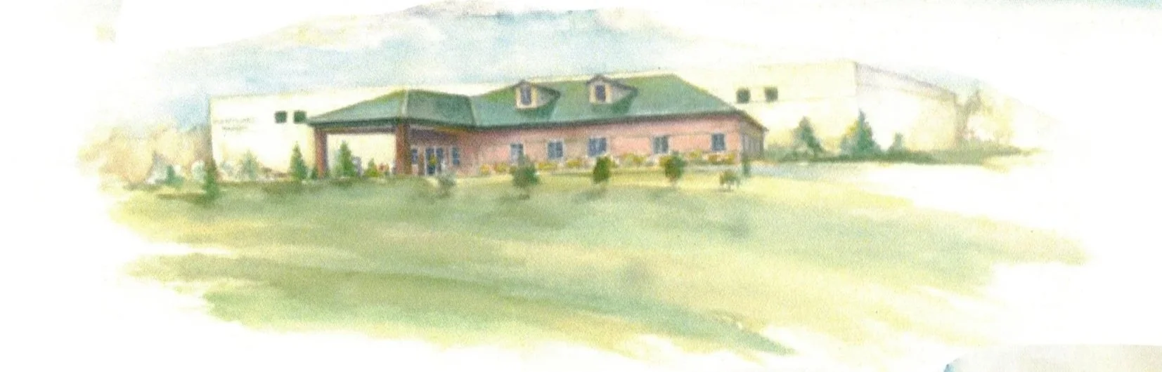 Watercolor painting of a large house with green roof and multiple stories, surrounded by a green lawn with small trees, under a partly cloudy sky.