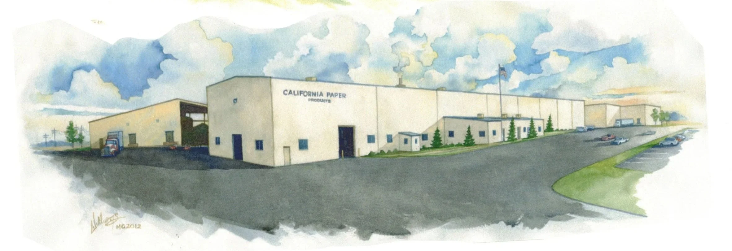 Watercolor painting of a large industrial building labeled California Paper Products with a parking lot and cars, surrounded by a few trees and under a partly cloudy sky.