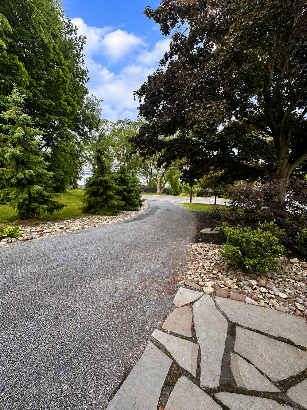 Driveway entry view from the front deck entrance at Keuka Cove House