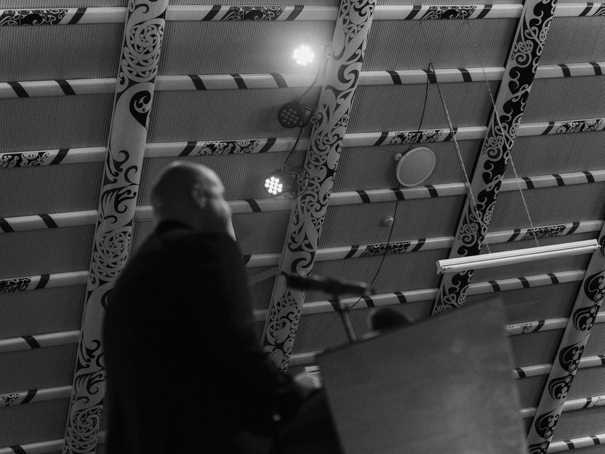 A blurred silhouette of a person with a shaved head, possibly a man, seen from behind, standing in front of a patterned ceiling with decorative floral-like designs and lighting fixtures. The image is in black and white.