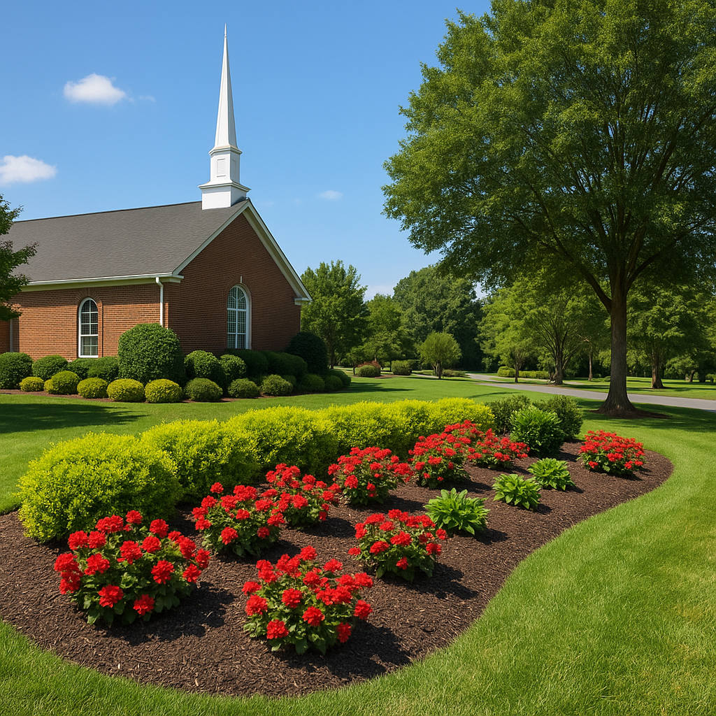 A church with a white steeple and brick walls surrounded by a well-manicured lawn and a flower garden with red and yellow flowers, green bushes, and trees on a sunny day.