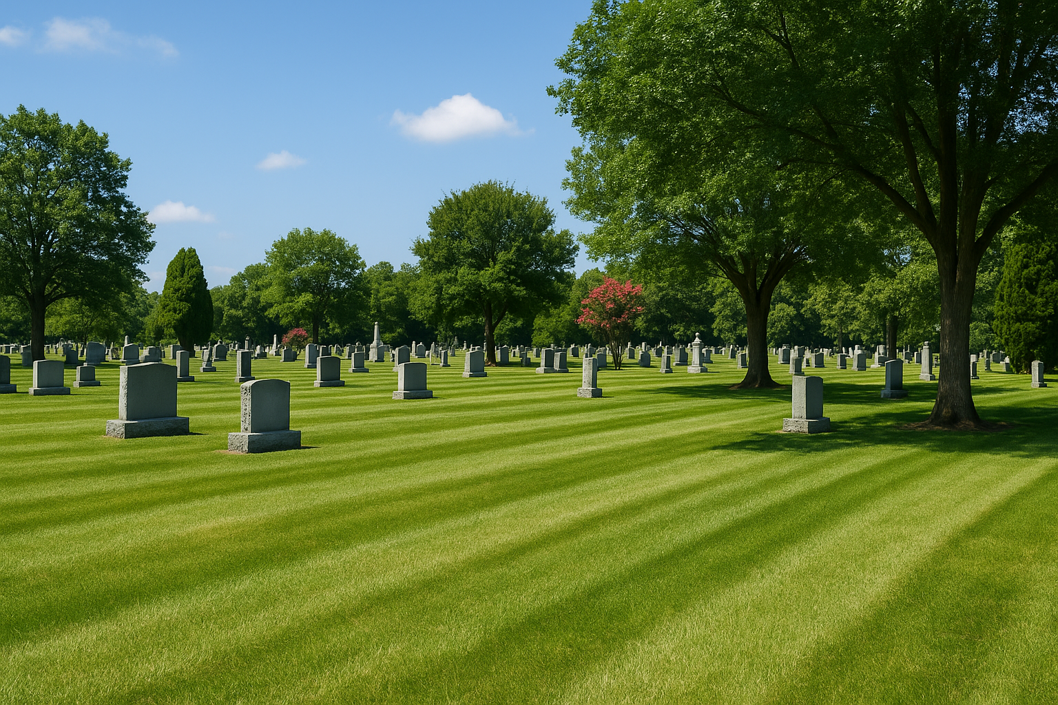 Grassy cemetery with evenly spaced tombstones and green trees under a blue sky with a few white clouds.