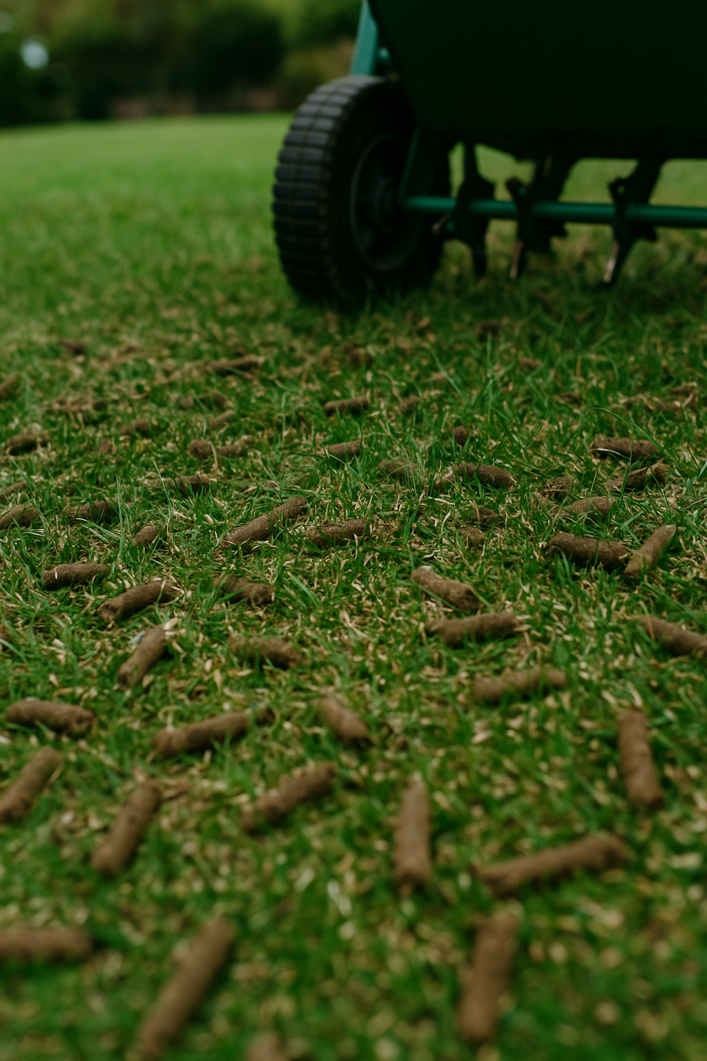 Close-up of grass with scattered animal droppings, with a green lawn mower in the background.