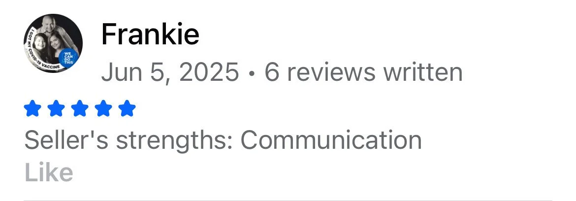 A screenshot of a Google review for a seller named Frankie, dated June 5, 2025, with a five-star rating and a review praising communication skills.