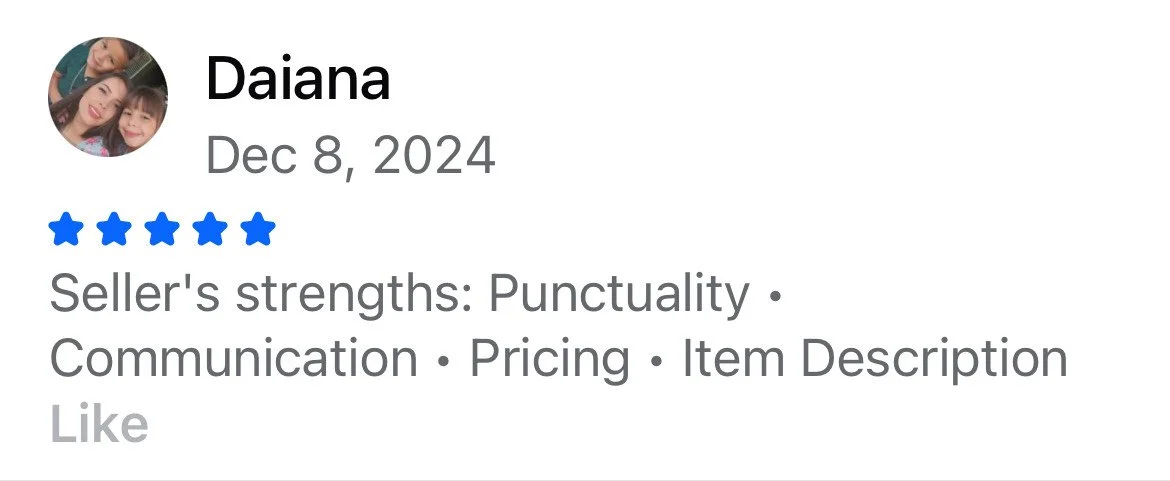 Screenshot of a product review by Daiana, dated December 8, 2024, with a five-star rating and comments about punctuality, communication, pricing, and item description.