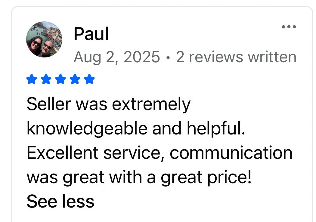 Online review by Paul, dated August 2, 2025, with five-star rating, praising seller for being knowledgeable, helpful, providing excellent service, and good communication at a great price.