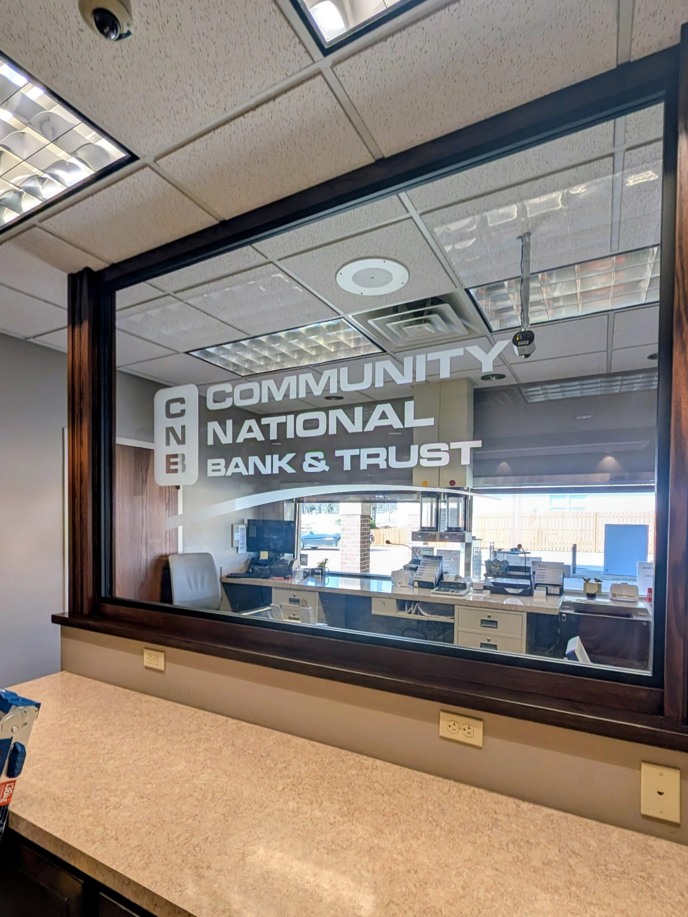 CNB Community National Bank & Trust glass window logo graphic
