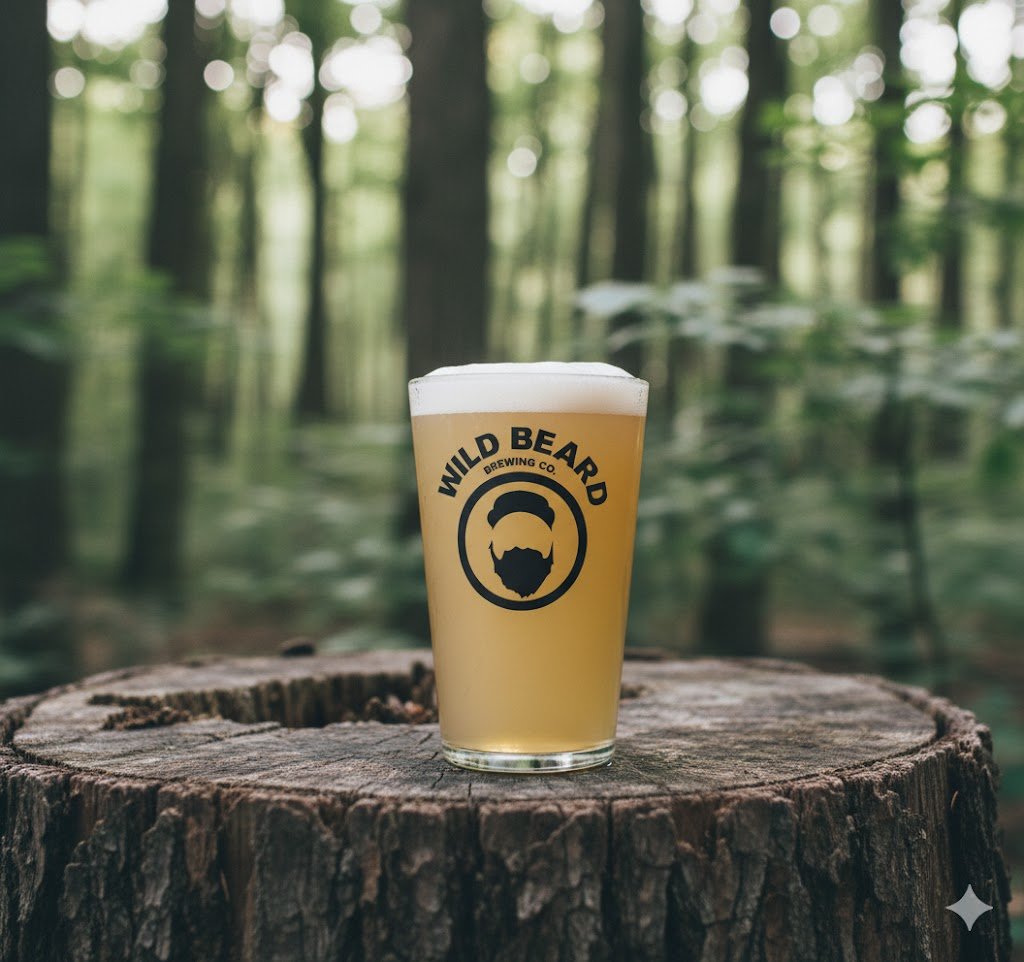 森の中の木の切り株の上に置かれたビールのグラス。グラスには「WILD BEARD BREWING CO.」のロゴが描かれている。