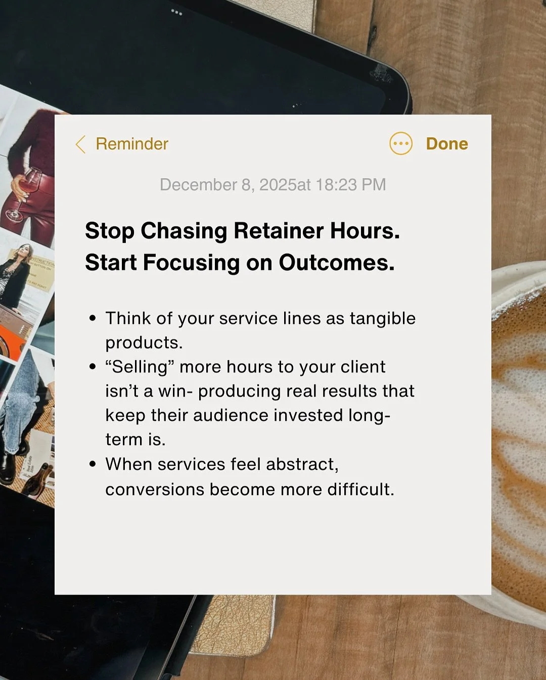 I&rsquo;ve never believed in pushing retainers just to log more hours.

What matters to me is creating as many meaningful, high-value outcomes as possible, even in a single, one-off session.
That&rsquo;s why I&rsquo;ve productized my offerings&mdash;