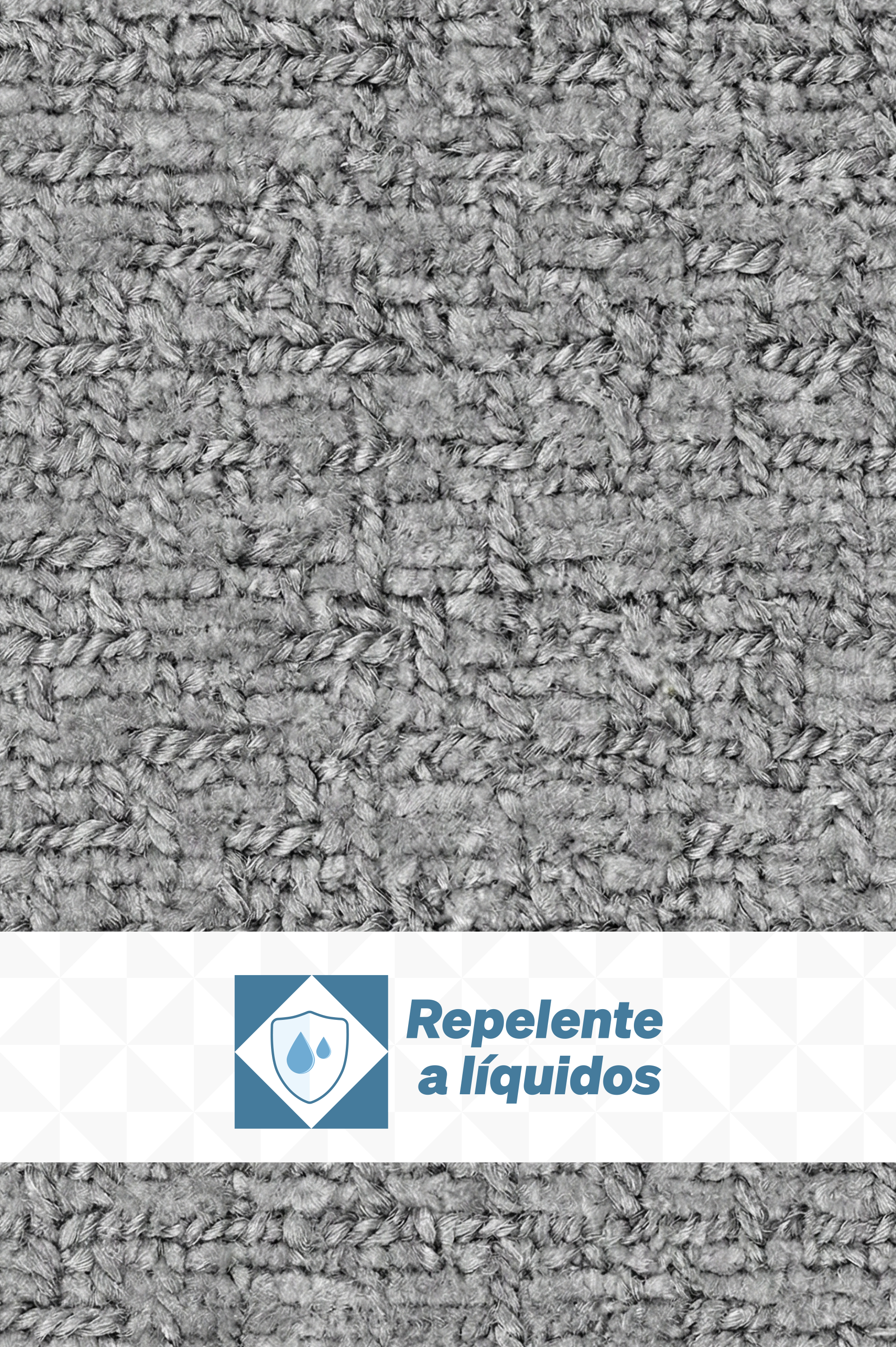 Etiqueta de advertencia de repelente a líquidos sobre una tela de color beige.