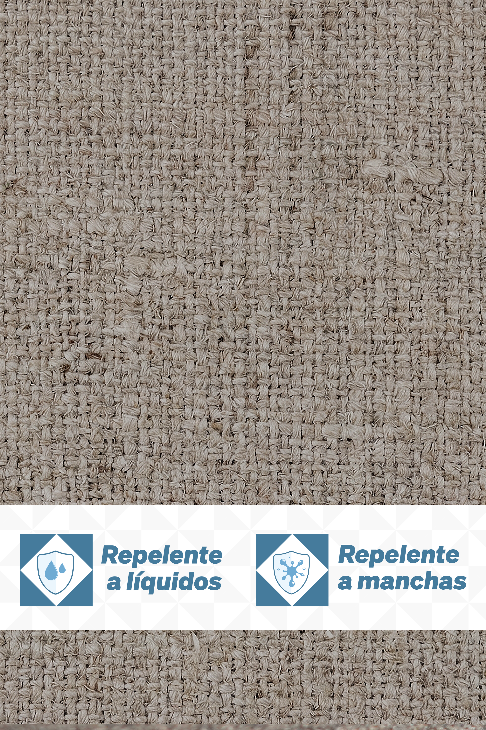 Etiqueta de advertencia acerca de repelente, con íconos de gotas de líquido y una mancha, en un fondo de tela o suelo arenoso.