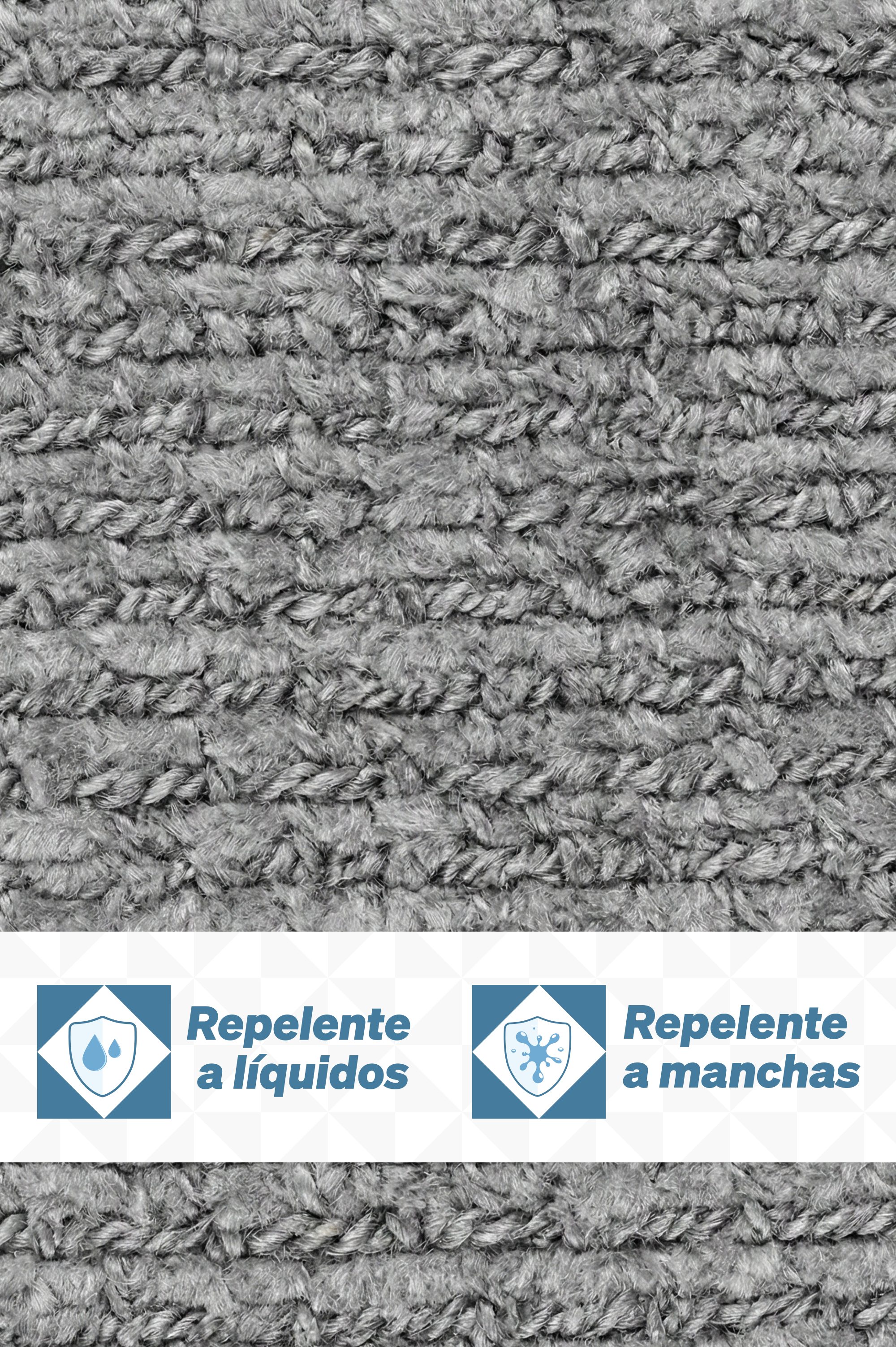 Una muestra de tela gris con una etiqueta que indica que es repelente a líquidos y manchas.