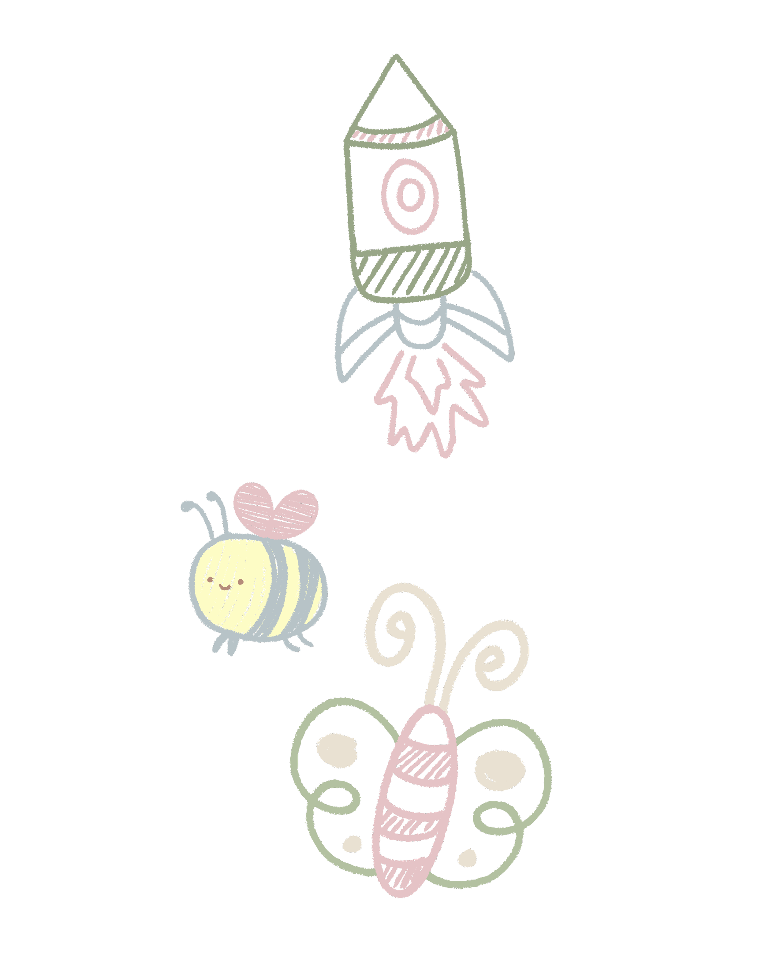 Colorful chalk drawings of a rocket, bee with a heart, butterfly, and ladybug on a black background.
