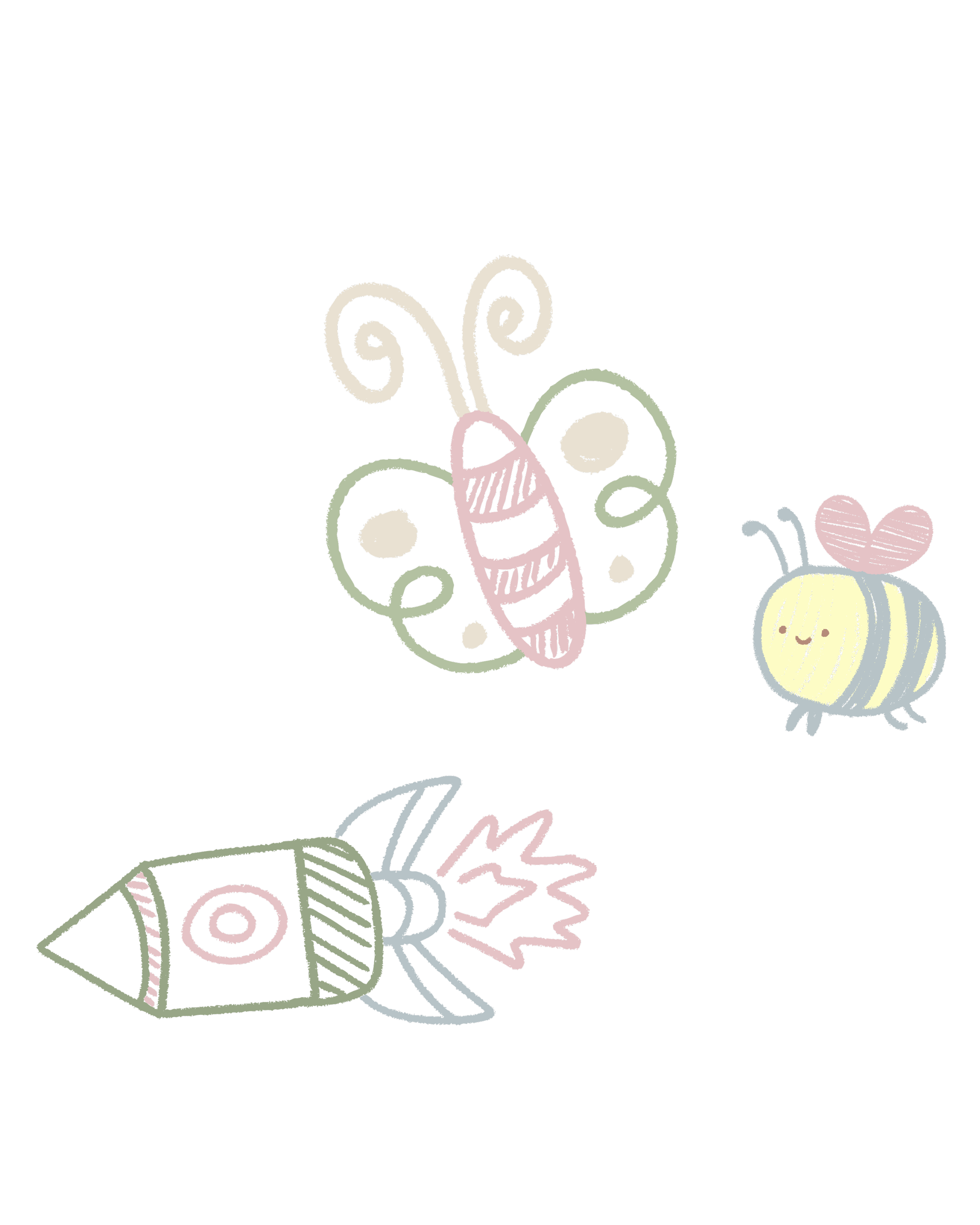 Colorful chalk illustrations of a smiling butterfly, happy bee, and a rocket with a pink flame on a black background.