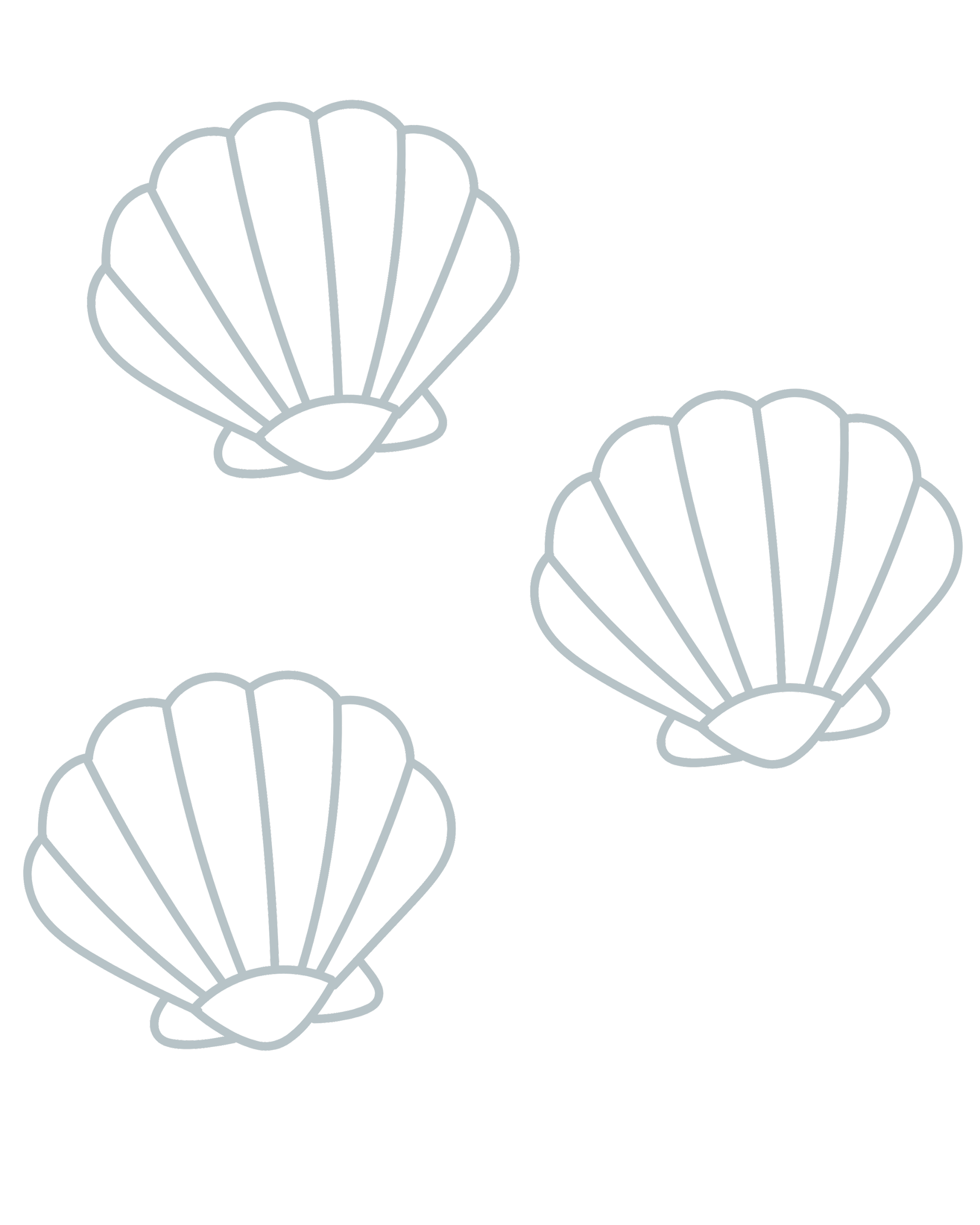 Three illuminated seashells outlined in light on a black background, arranged with two on the top and one on the bottom left.